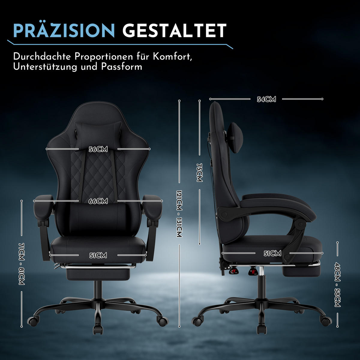 GAMINGSTUHL DE-40998 mit Lordosenstütze und Fußstütze Schwarz - Schwarz, Metall (58.5/120.5/63cm) - ComfortXL