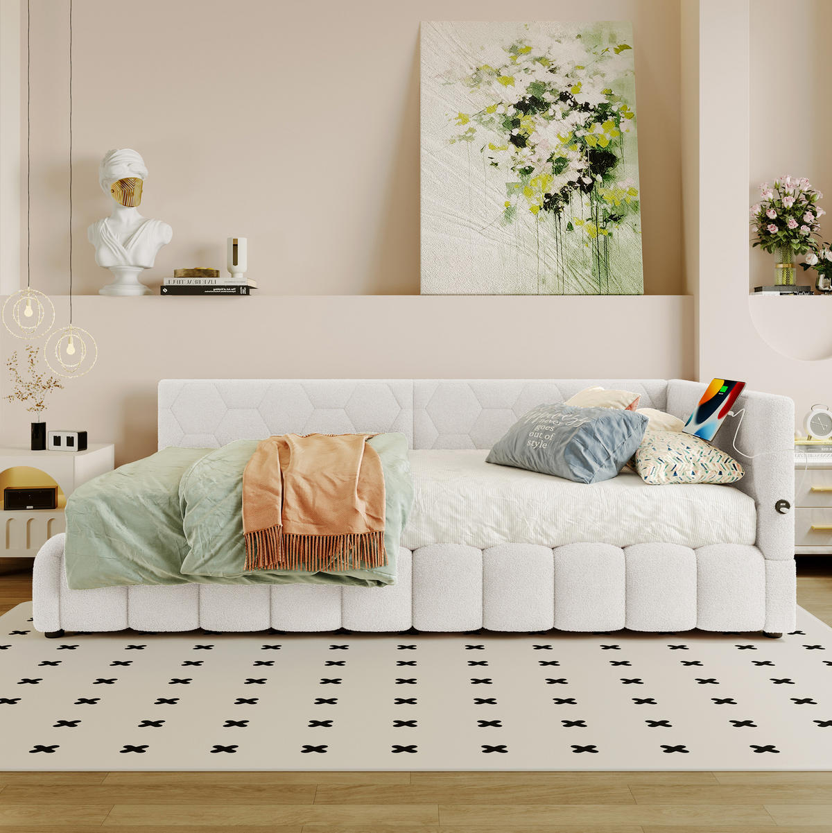 POLSTERBETT aus Vliesimitat 90x200 cm in Weiß mit LED & USB-C-Anschluss - Weiß, Textil (90/200cm) - Modfu