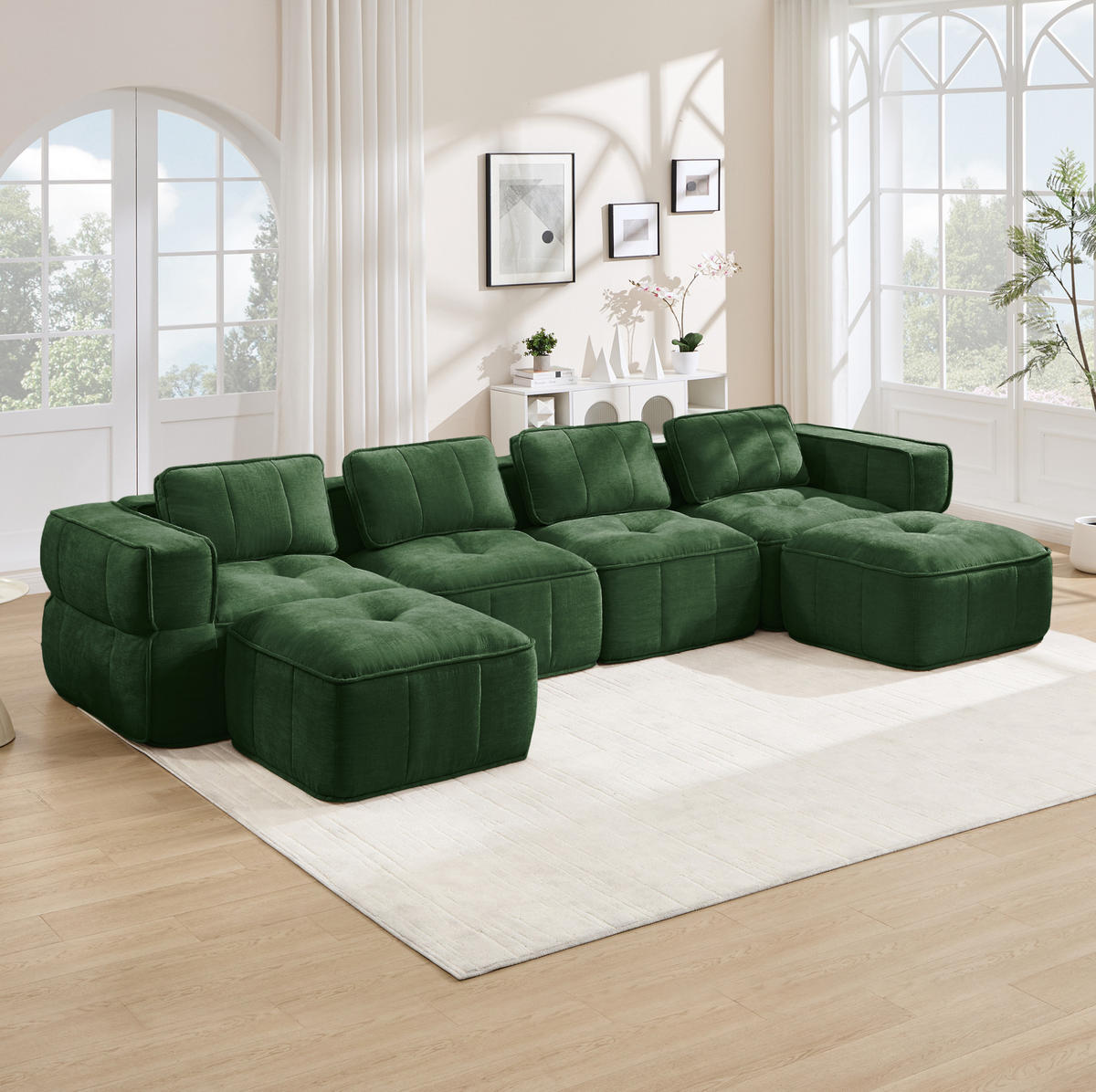 WOHNLANDSCHAFT 344/162/67 cm in Grün, modular, ohne Gestell, mit 2 Hockern - Grün, Kunststoff (162/67/344cm) - Flora Grace