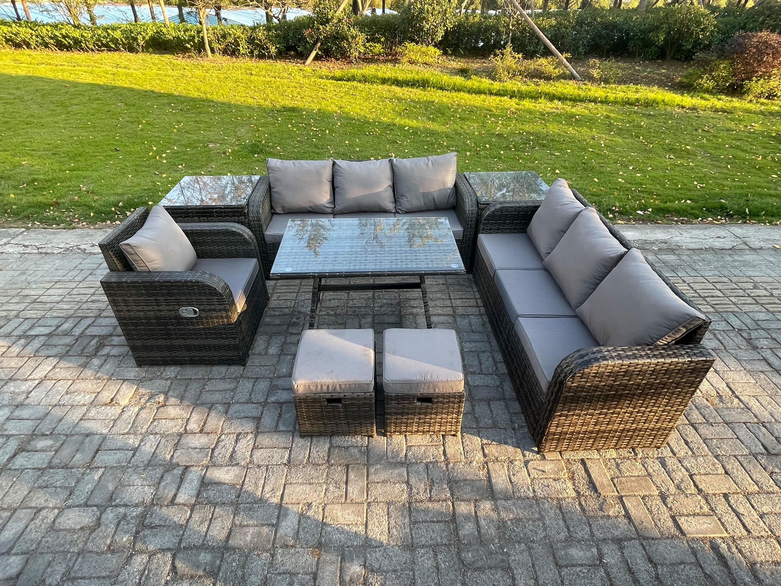 GARTENSET Hohe Rückenlehne Polyrattan 9-Sitzer - Dunkelgrau/Grau, Glas/Kunststoff - Fimous