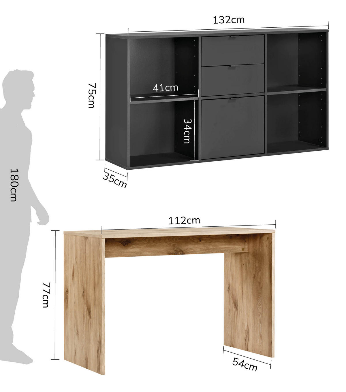 SCHREIBTISCH Der Produktive - Eichefarben/Schwarz, Holzwerkstoff (54/112/77cm) - Mokebo