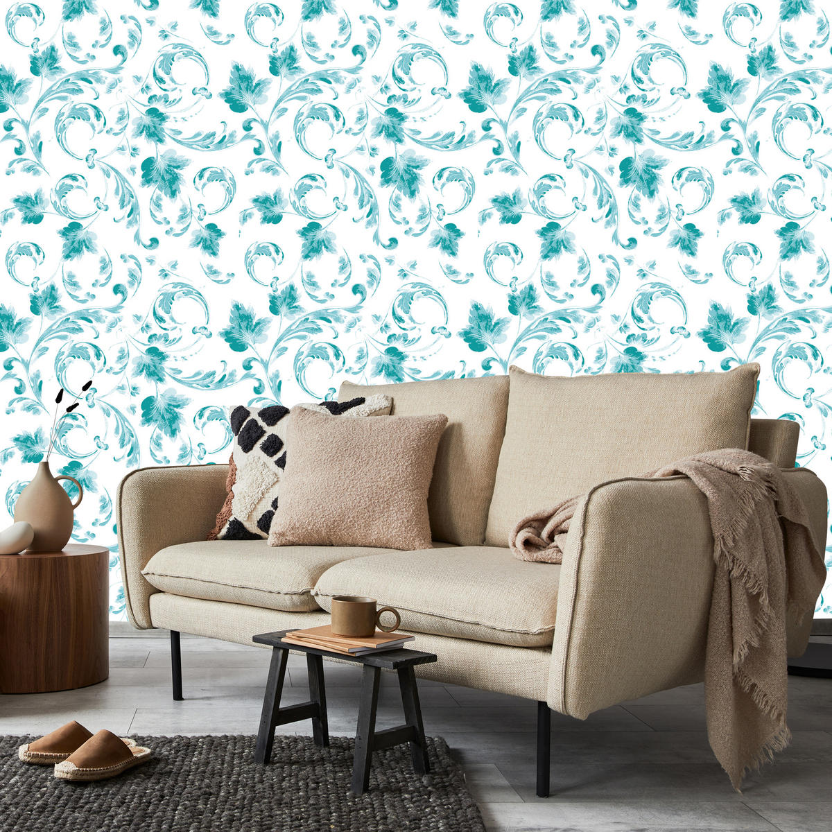 VLIESTAPETE Klassische Blätterornamente – Türkis, Weiß – 50x1000 cm - Türkis/Weiß, Papier (50/1000cm) - Muralo