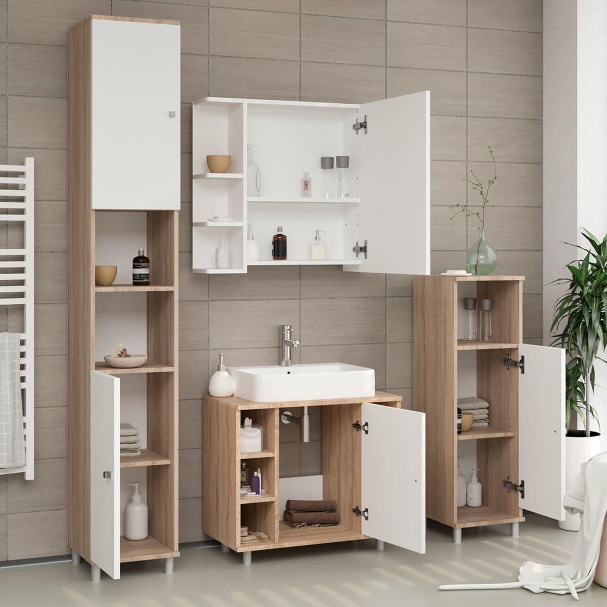 BADMÖBEL-SET Fynn Sonoma/Weiß 4 Teile - Weiß/Sonoma Eiche, Holzwerkstoff (60/54/32cm) - Vicco