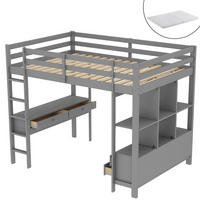 HOCHBETT 140/200 cm Grau mit Stauraumschubladen und Unterbettschreibtisch mit Matratze - Grau, Holzwerkstoff (140/200cm) - OKWISH