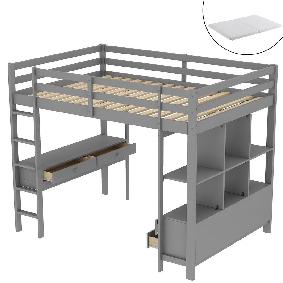 HOCHBETT 140/200 cm Grau mit Stauraumschubladen und Unterbettschreibtisch mit Matratze - Grau, Holzwerkstoff (140/200cm) - OKWISH