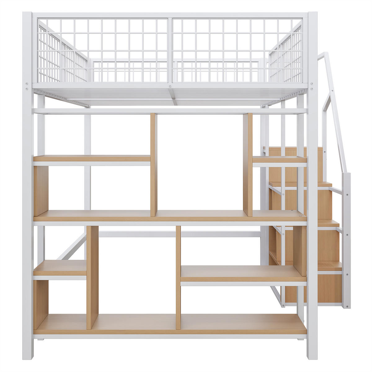 HOCHBETT 140/200 cm weiß Metallbett mit Stauraumtreppe und Ablageflächen - Weiß, Metall (140/200cm) - OKWISH