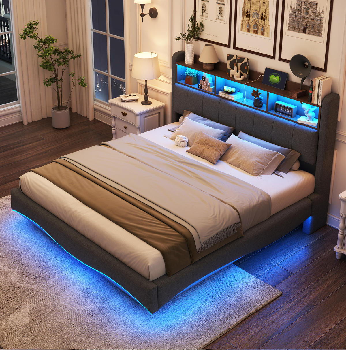 ČALÚNENÁ posteľ 160/200 cm s LED osvetlením, USB a Type-C portmi, úložným priestorom a kovovým rámom, Sivá - sivá, textil (160/200cm) - Redom