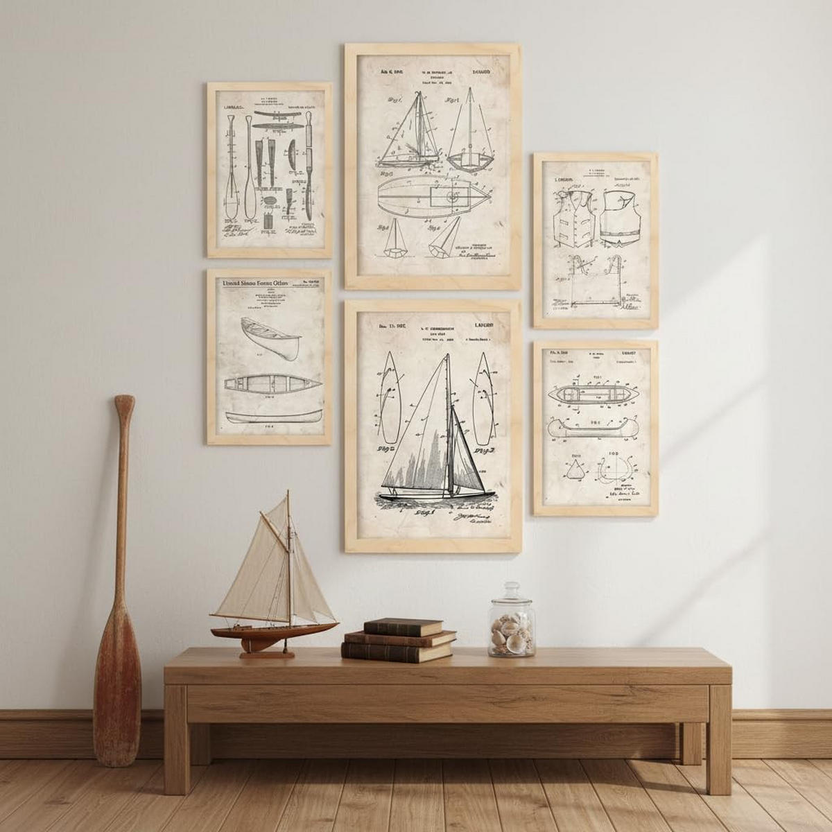 POSTER Set Mit 6 Plakaten Mit Boot Patenten Im Vintage Stil A3 & A4 Rahmen Aus Hellem Holz - Beige, Papier (29/3cm) - Nacnic