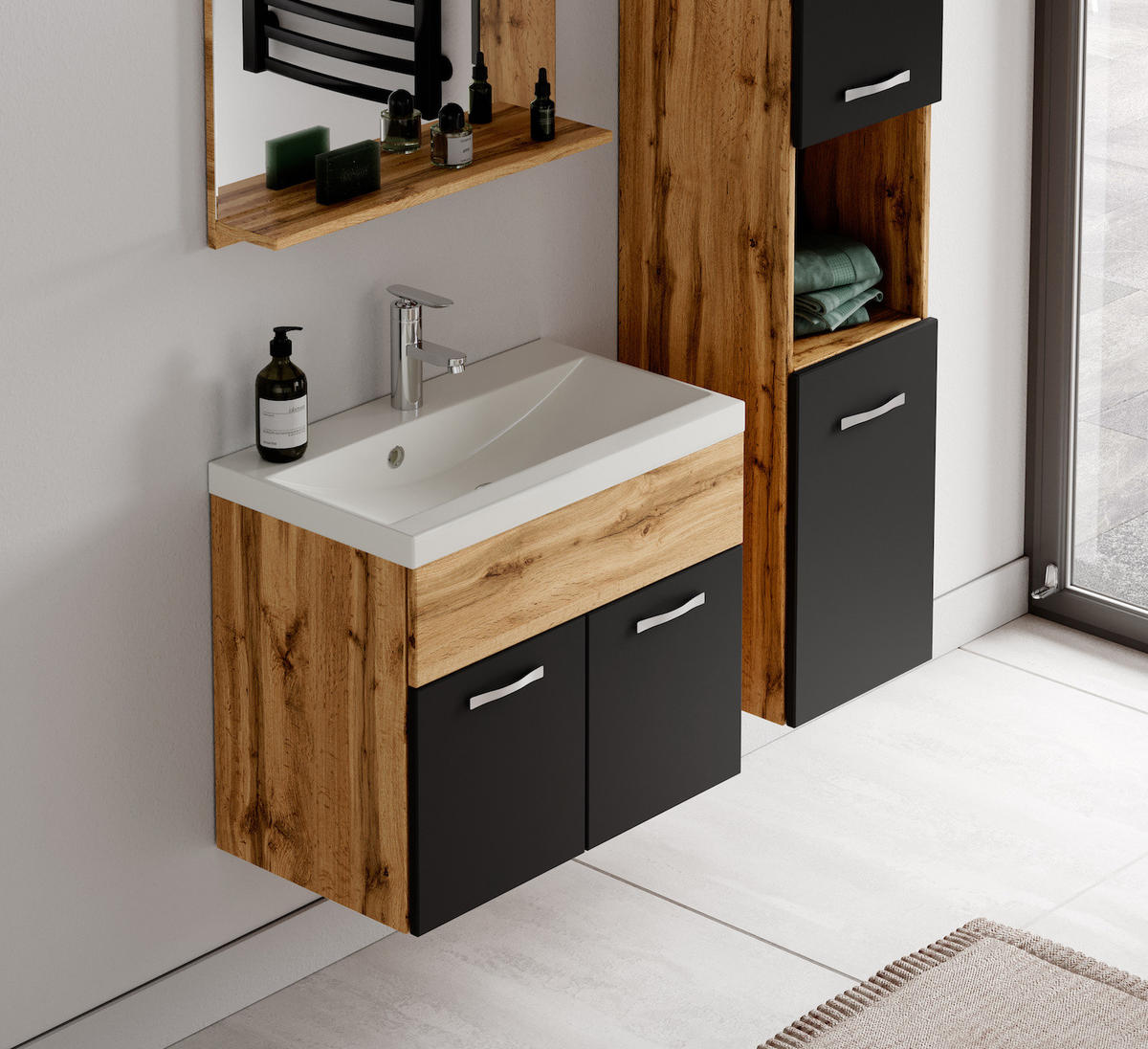 BADMÖBEL-SET Montreal 2 Teile Eiche / Schwarz - 60 x 35 x 51 cm - Eichefarben/Schwarz, Holz (60/51/35cm) - Badplaats