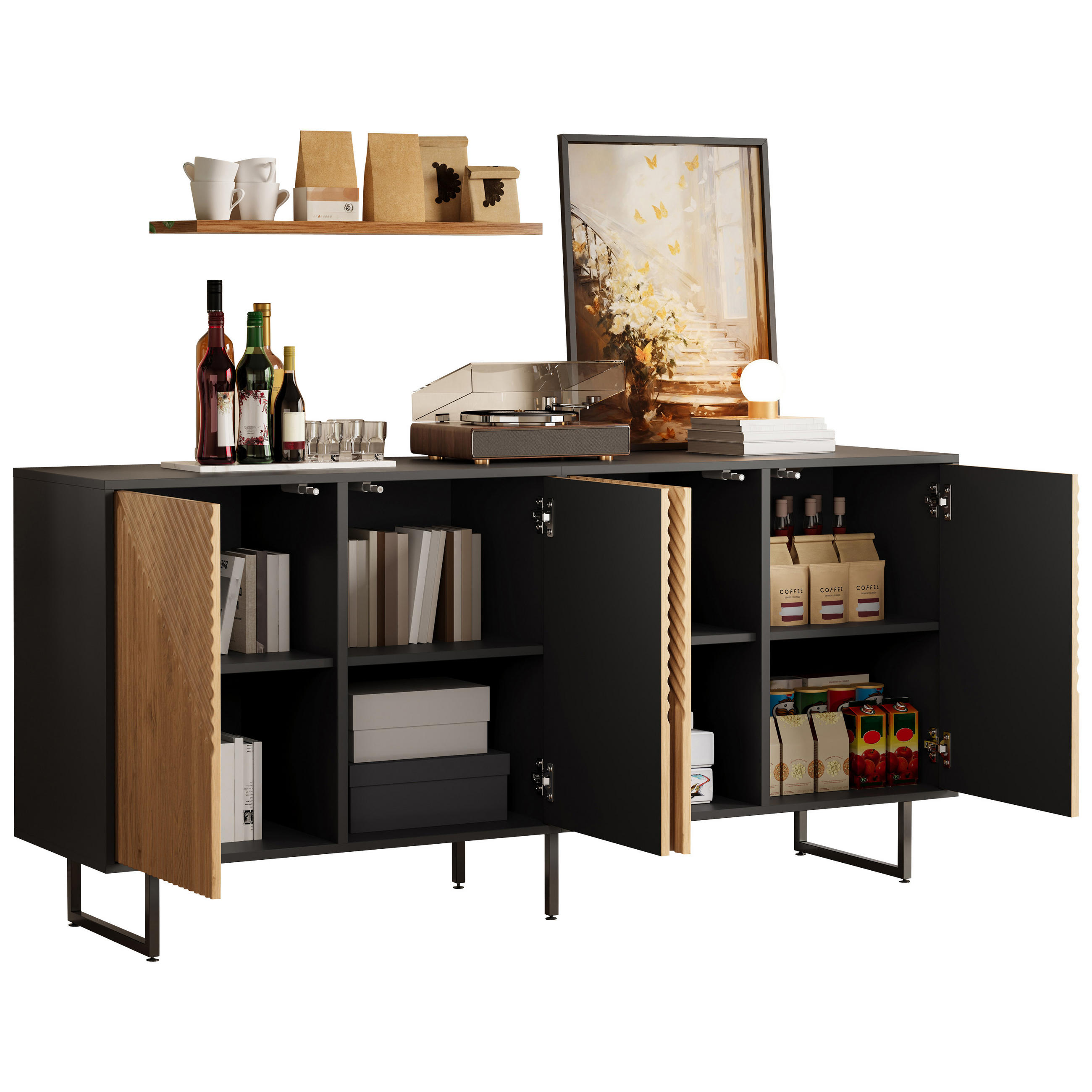 SIDEBOARD Holz Schwarz 4 Türen 160x40x75cm Vakuumform Stauraum - Naturfarben, Holzwerkstoff (40/75/160cm) - FLIEKS