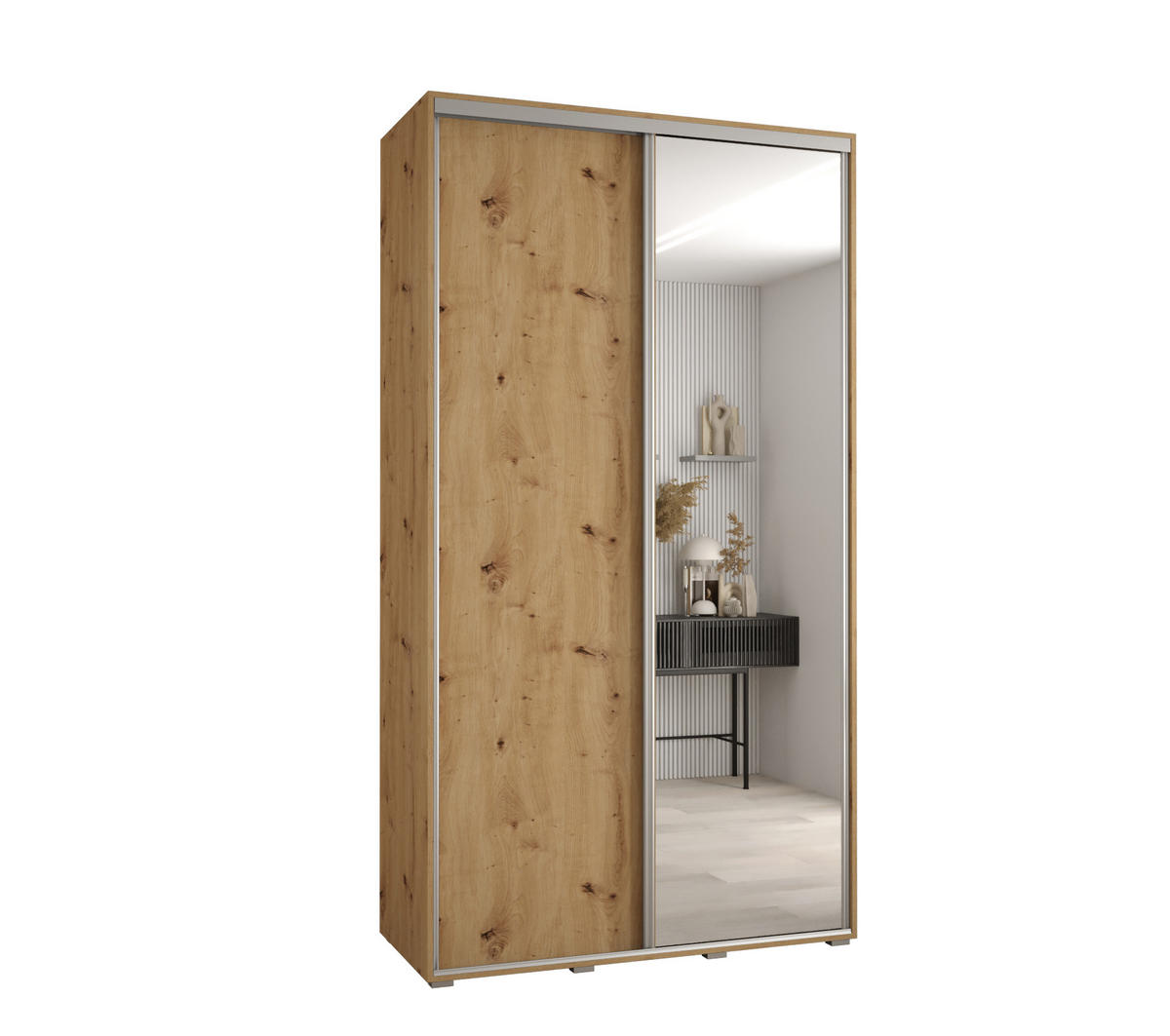 SCHWEBETÜRENSCHRANK 235,2/140/45 2-türig - Silberfarben/Eiche Artisan, Holz/Metall (140/235/45cm) - Abiks Möbel