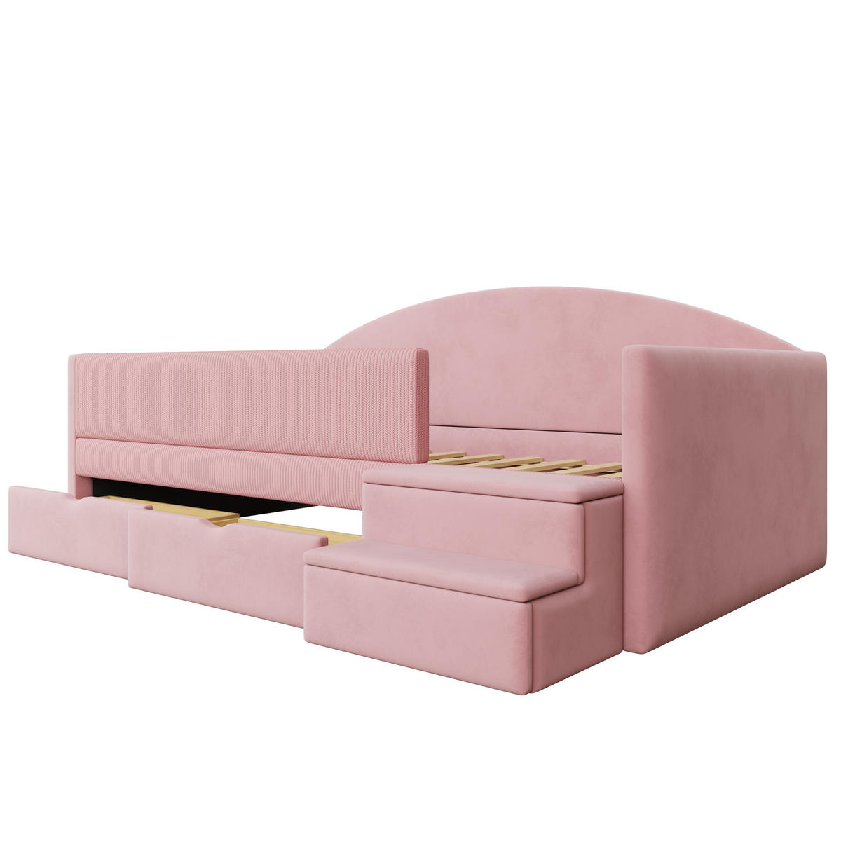 KINDERBETT 90/190 cm in Rosa Samt mit 2 Schubladen und Stufen - Rosa, Holzwerkstoff/Textil (90/190cm) - WISHDOR