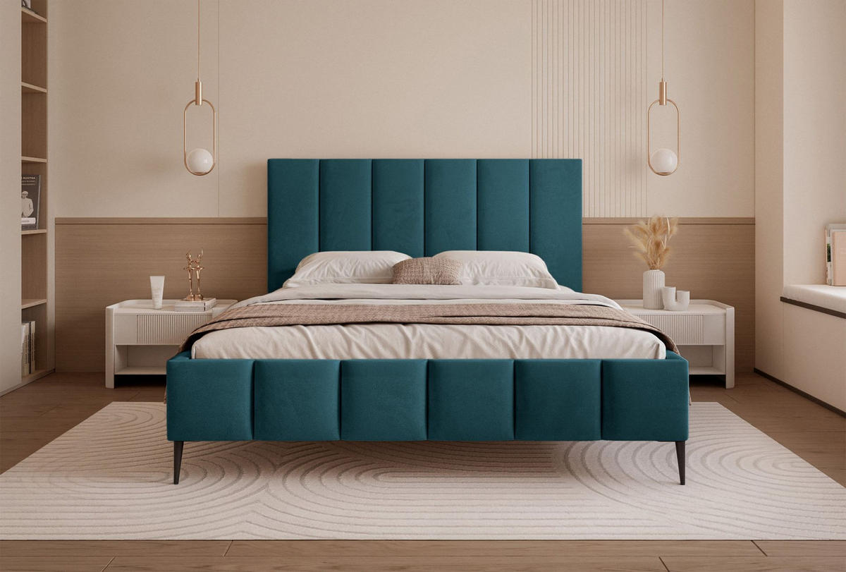 POLSTERBETT Sarafino Türkis Samt 160x200 cm - Türkis/Schwarz, Textil/Metall (160/200cm) - Selsey