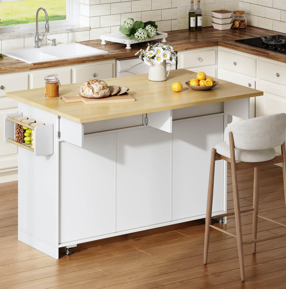 KÜCHENINSEL mit klappbarer Arbeitsplatte 120 x 70 (45+25) x 92 cm Natural White - Naturfarben, Holz (70/92/120cm) - Beauniv
