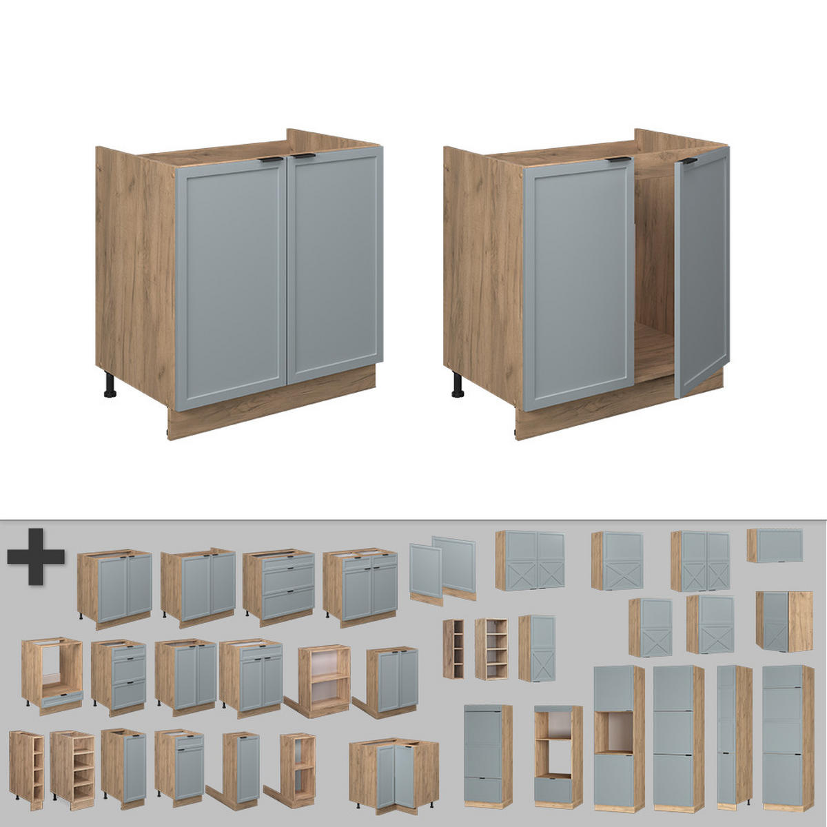 SPÜLENUNTERSCHRANK Fame-Line Hellblau-grau 80 cm ohne AP - Honigeiche/Eiche Wotan, Holzwerkstoff (80/82/51.6cm) - Vicco