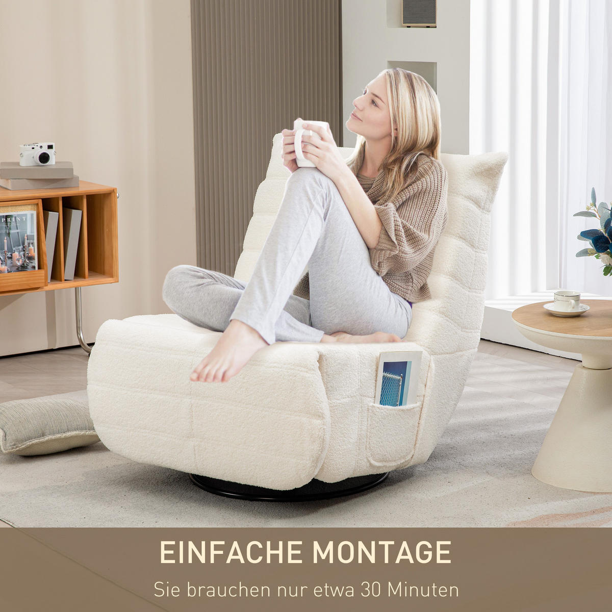 RELAXSESSEL Drehbar Fernsehsessel mit Liegefunktion, Schaukelfunktion Cremeweiß - Creme, Kunststoff (104/87/84cm) - HOMCOM