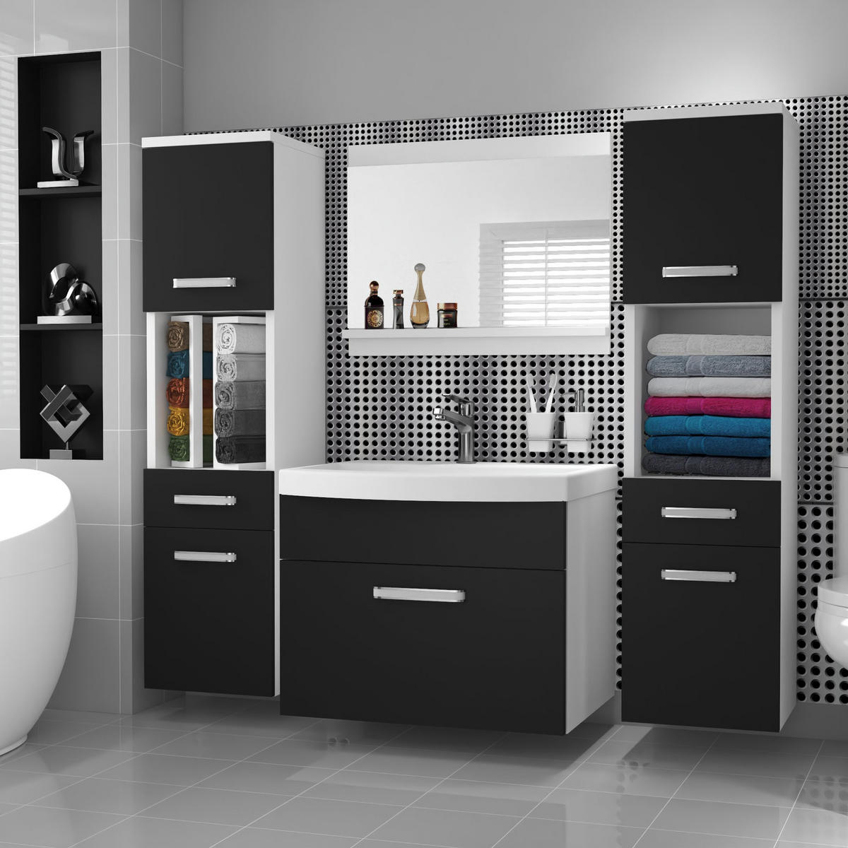 BADMÖBEL Badezimmer SET PRI M6, Schwarz Matt, 120 cm - Schwarz, Holz (38.7/113.5/120cm) - B BELINI GROUP