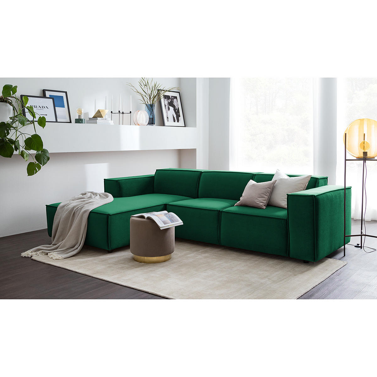 ECKSOFA mit Longchair - Dunkelgrün/Schwarz, Kunststoff/Textil (260/177cm) - home24