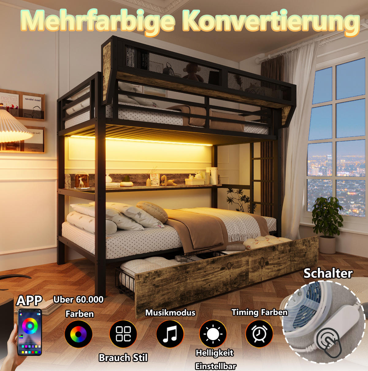 ETAGENBETT 90/200 cm aus Metall und MDF mit LED-Licht und Stauraum Schwarz - Schwarz, Holzwerkstoff (90/200cm) - Modenvie