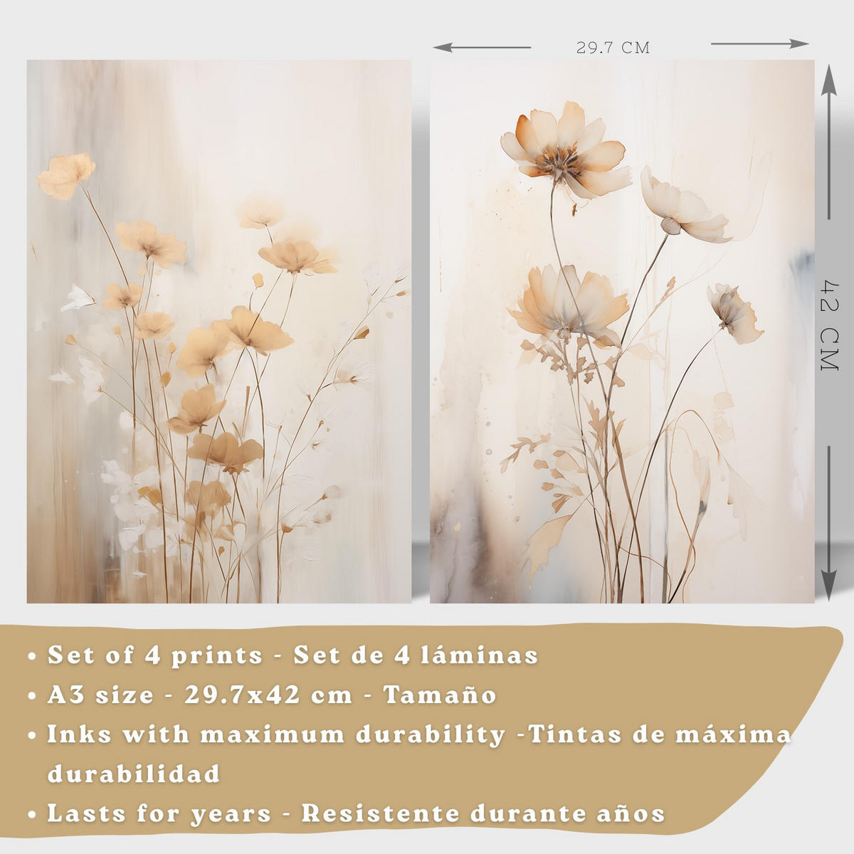 POSTER 4er-Set Wandbilder Blumen Vintage modern Wohnzimmer Deko, Schlafzimmer, Küche, Badezimmer Rahmenlos A3 - Weiß, Papier (29.7/1/42cm) - Nacnic
