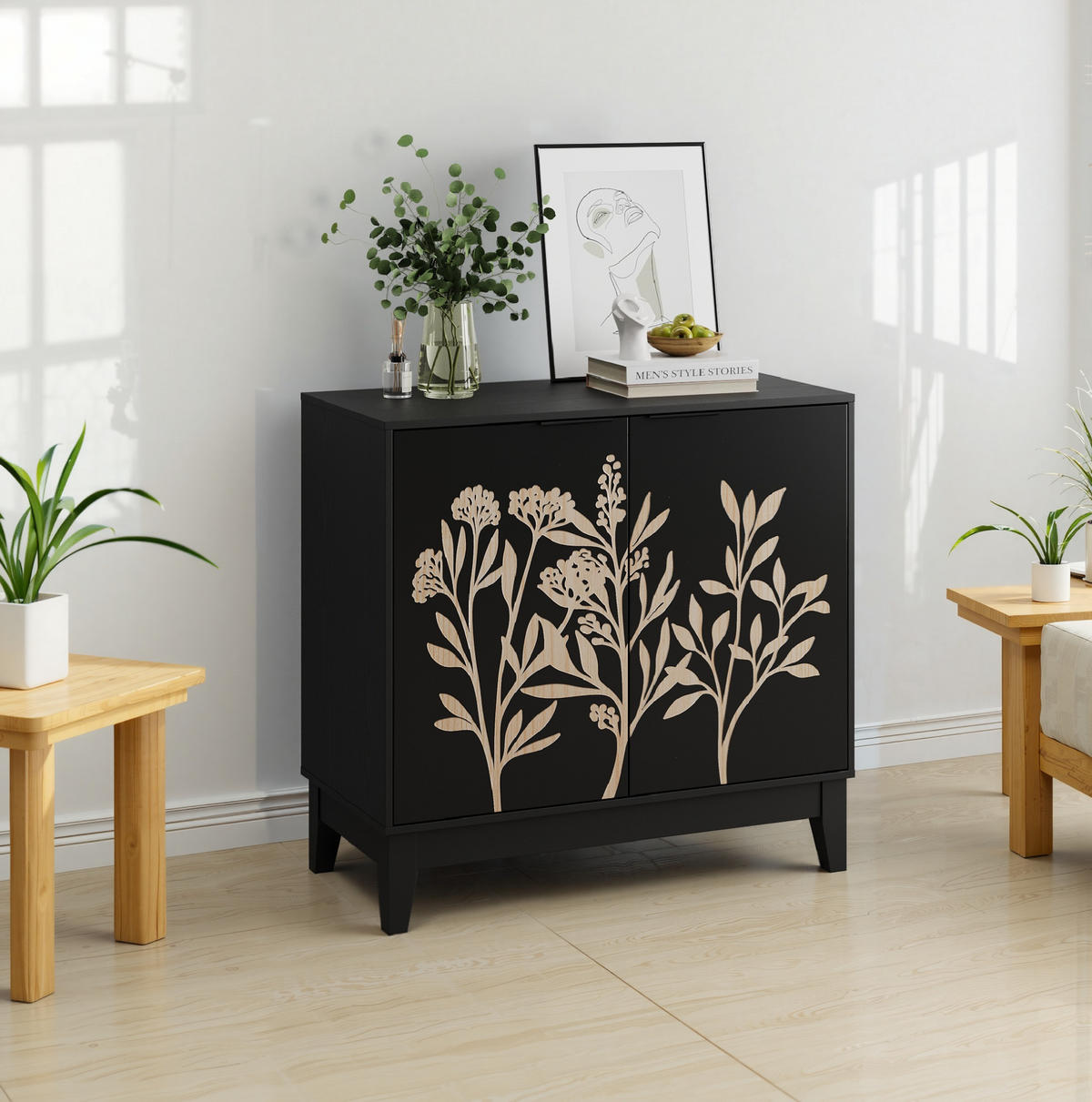 SIDEBOARD 80 cm in Schwarz mit 2 Türen und verstellbarem Einlegeboden - Schwarz, Holzwerkstoff (80/76/38cm) - Flora Grace