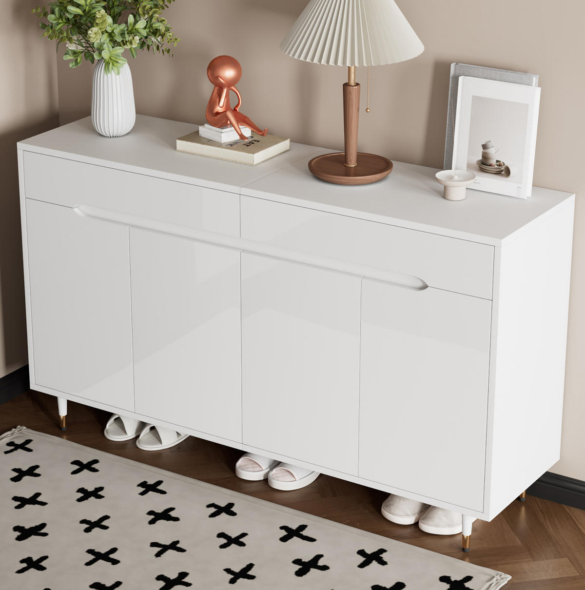 SCHUHSCHRANK 140/39/84 cm weiß-gold aus Spanplatte mit 2 Schubladen - Weiß, Holzwerkstoff (140/84/39cm) - OKWISH
