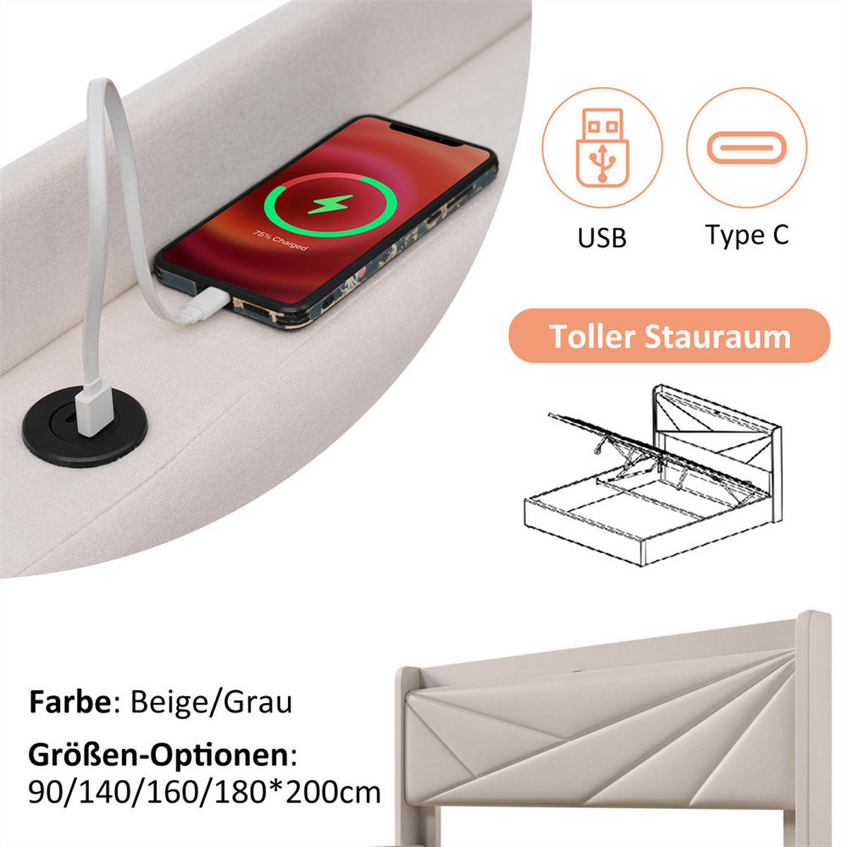 POLSTERBETT 160/200 cm in Linen mit Matratze - Beige, Holz/Textil (160/200cm) - KOMHTOM