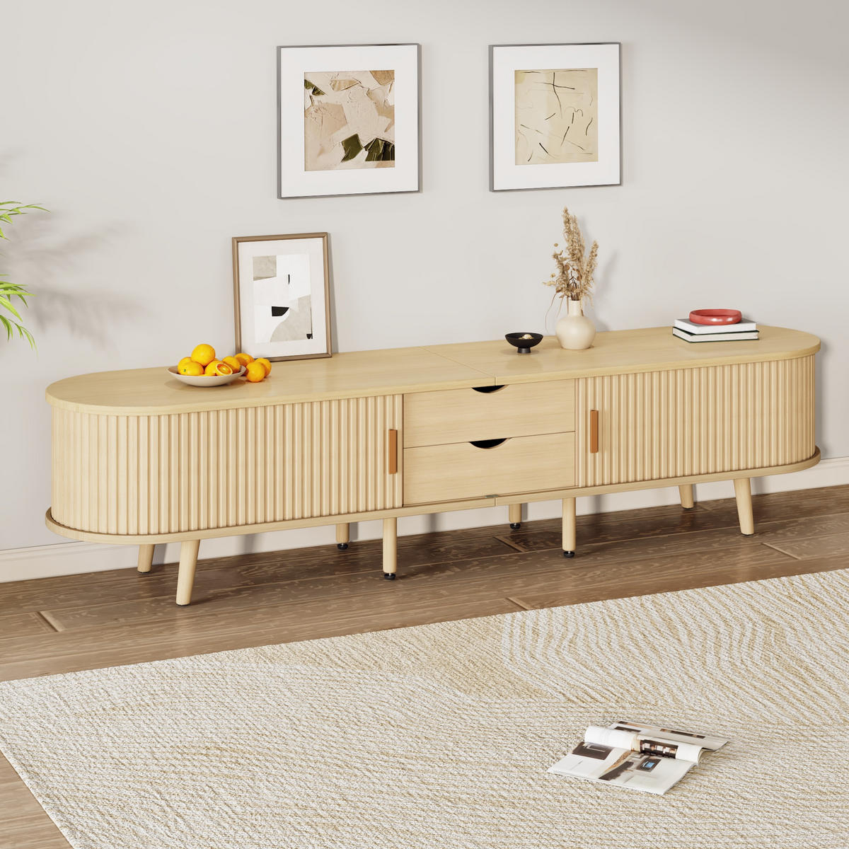 LOWBOARD in Naturfarben mit Schubladen und Teleskoptüren für Wohnzimmer, B175/T40/H42 cm - Eichefarben/Naturfarben, Holz/Holzwerkstoff (175/42/40cm) - STILVORA