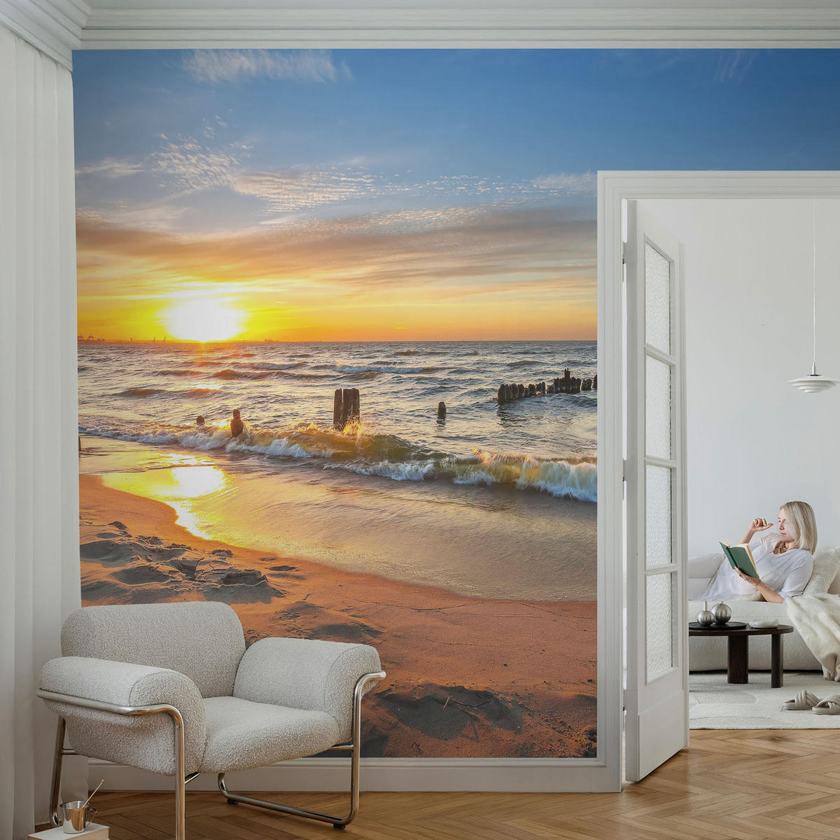 FOTOTAPETE 104x70 cm - Sonnenuntergang am Strand - Gelb, Textil (104/70cm) - Wallfluent