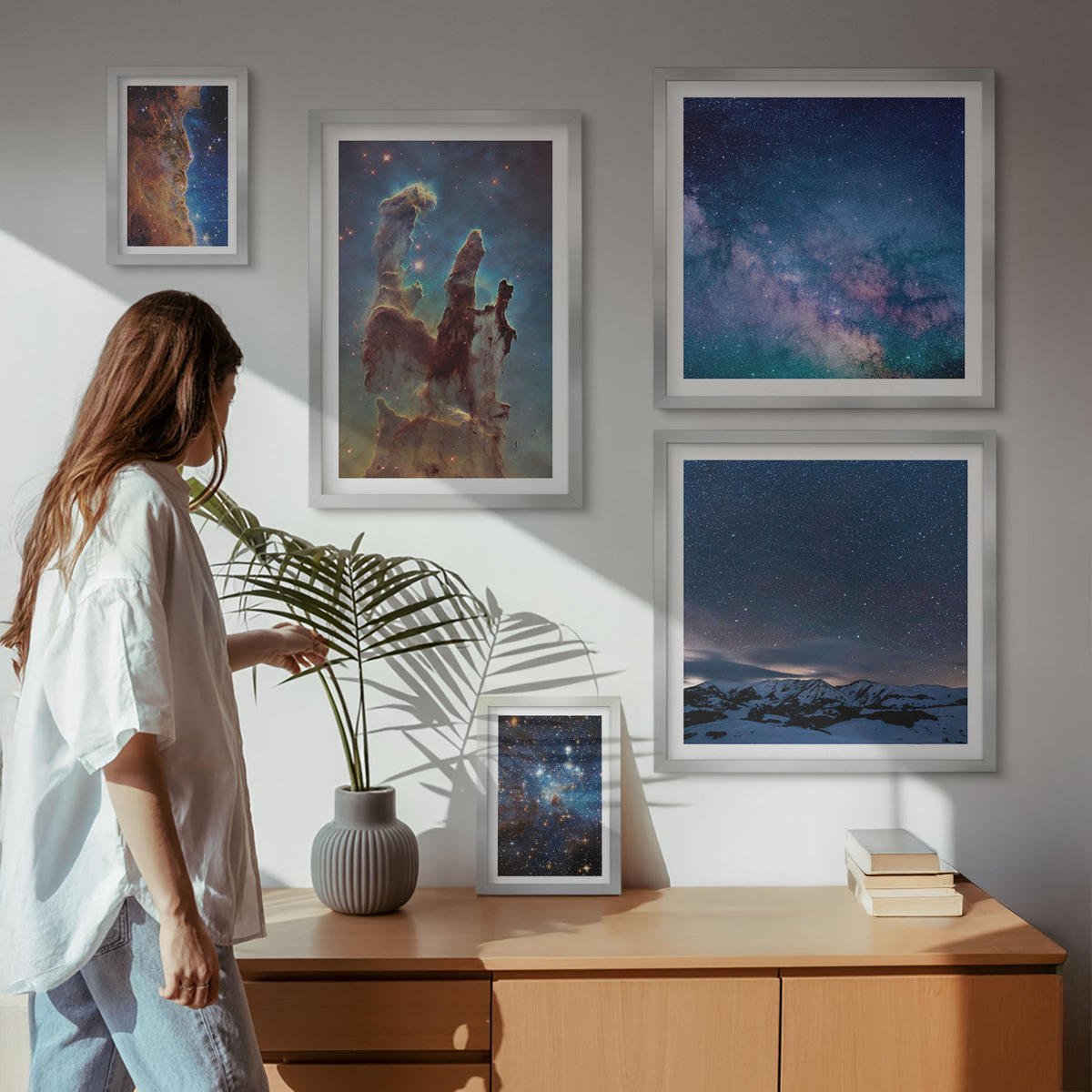 BILDER SET 5er Set - 50x50 cm & 20x30 cm & 40x60 cm Silberner Rahmen - Weltraumlandschaften von Galaxien - Silberfarben, Kunststoff (40/60cm) - TULUP