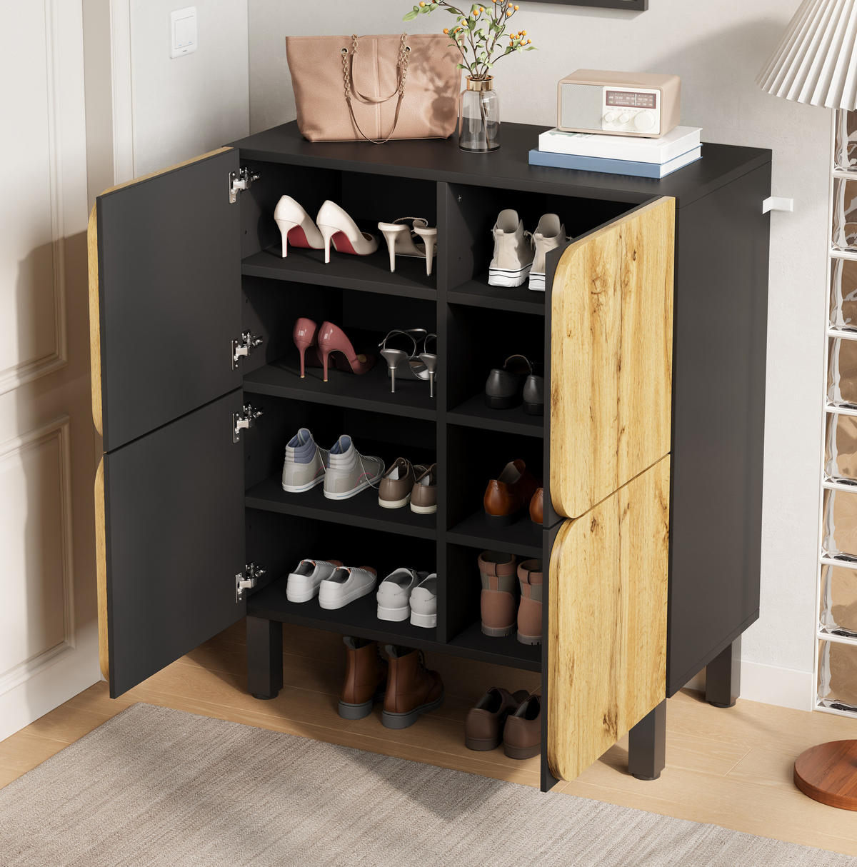 SCHUHSCHRANK 80/38,5/95 cm mit 4 Türen, verstellbaren Einlegeböden und Soft-Close, Schwarz/Natur - Schwarz, Holzwerkstoff (80/95/38.5cm) - Redom