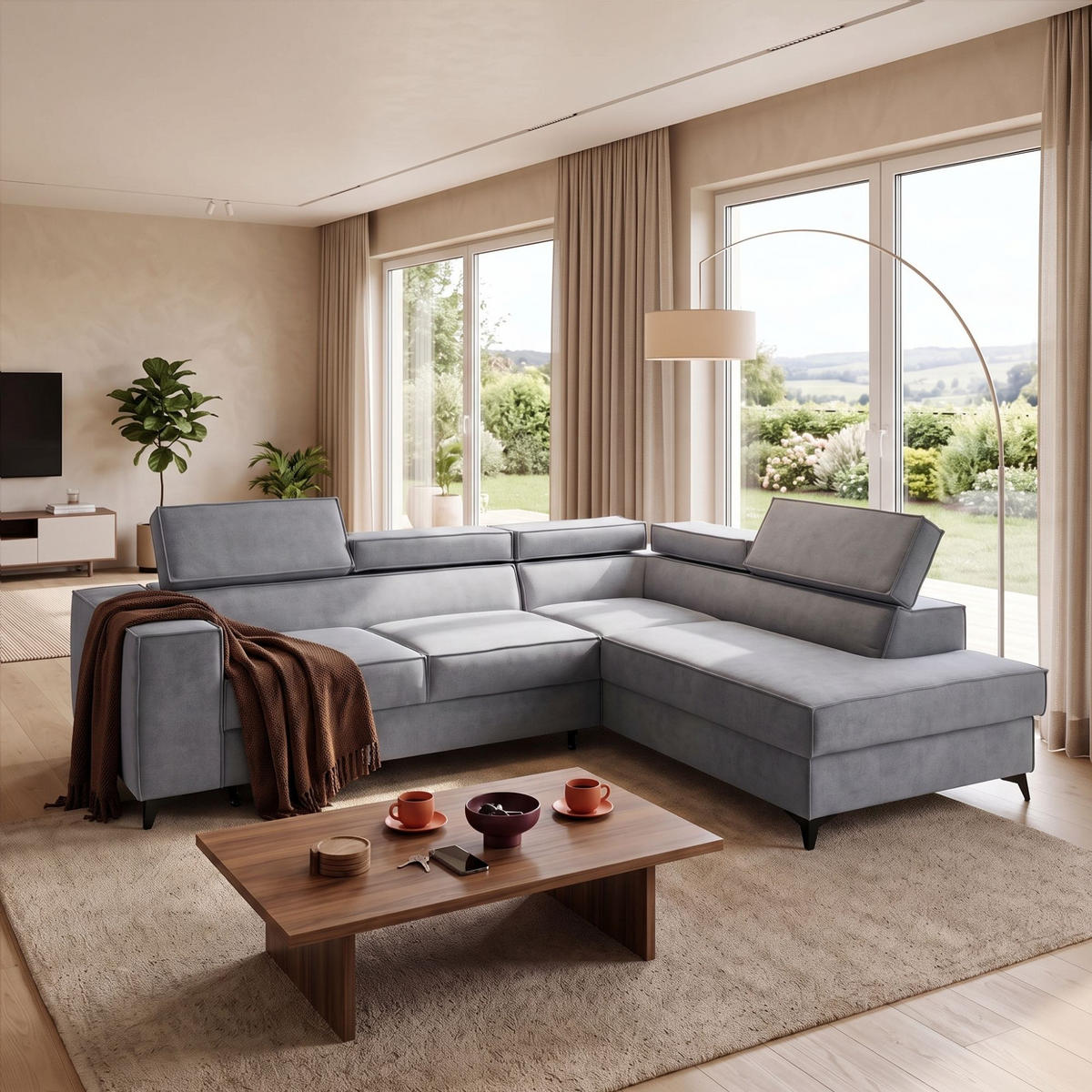 ECKSOFA PURE L Rechts mit Schlaffunktion 127x199 Velours Grau - Schwarz/Grau, Holz/Textil (204/281cm) - Muffo