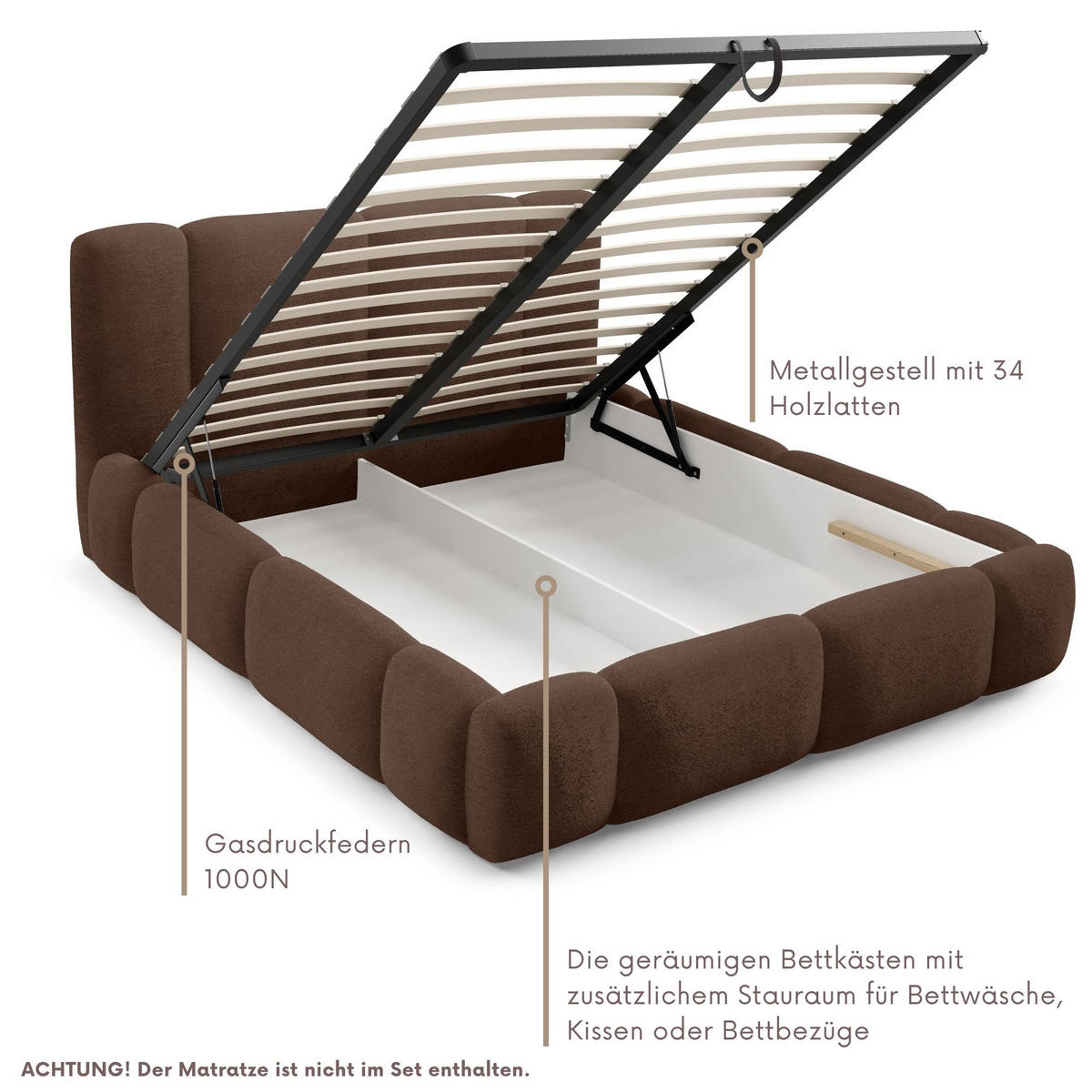 POLSTERBETT BLANCO mit Bettkasten, Bett 120x200, Doppelbett mit Stauraum und Lattenrost, ohne Matratze, Schlafzimmer - Braun - Braun, Holz/Textil (120/200cm) - Furnistar