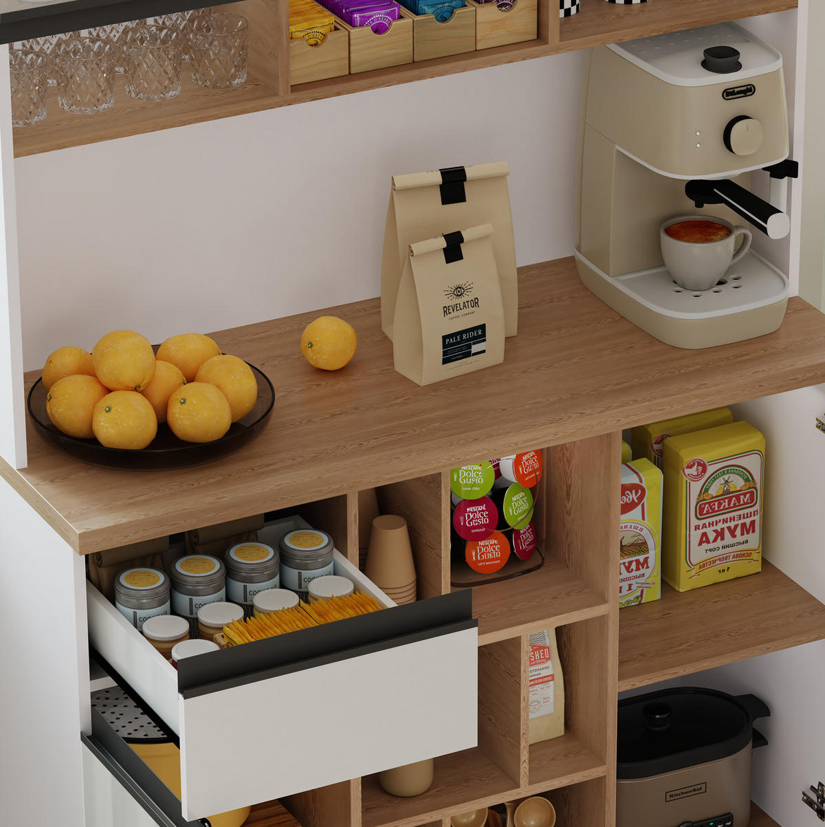 BUFFETSCHRANK aus MDF 105x45x185 cm Weiß mit Hochglanzfronten, Schublade, offenen Fächern und Kippschutz - Weiß, Holzwerkstoff (105/185/45cm) - IVMEU