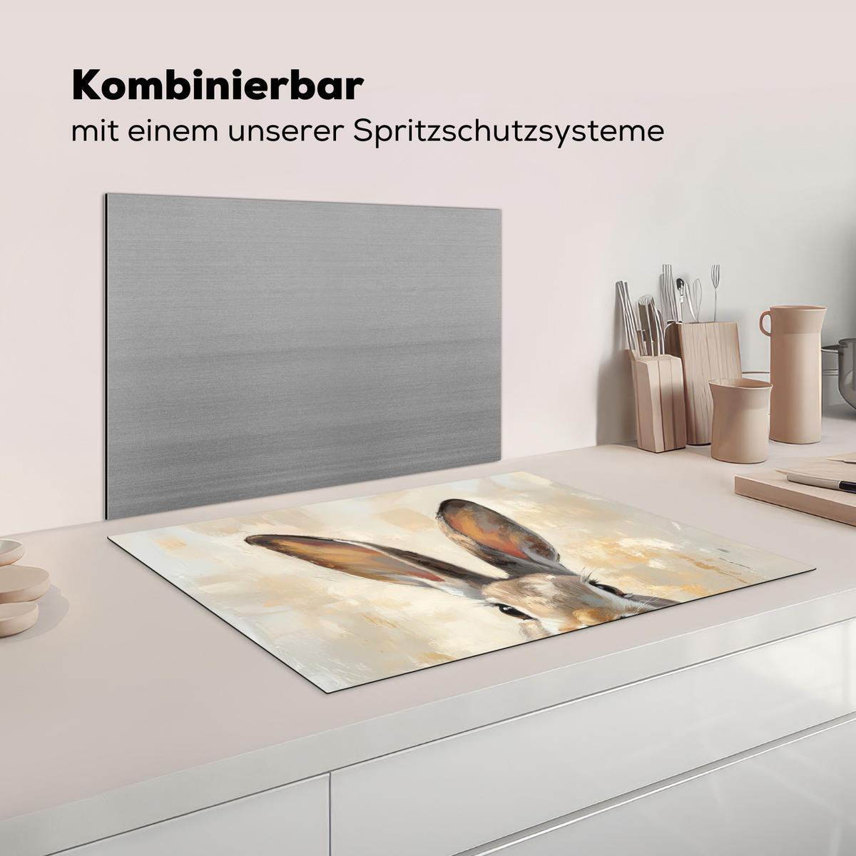 HERDABDECKPLATTE Hase - Ohren - Braun Herdabdeckung Induktionsfeld 75x52 cm - Beige, Kunststoff (75/52/0.2cm) - MuchoWow