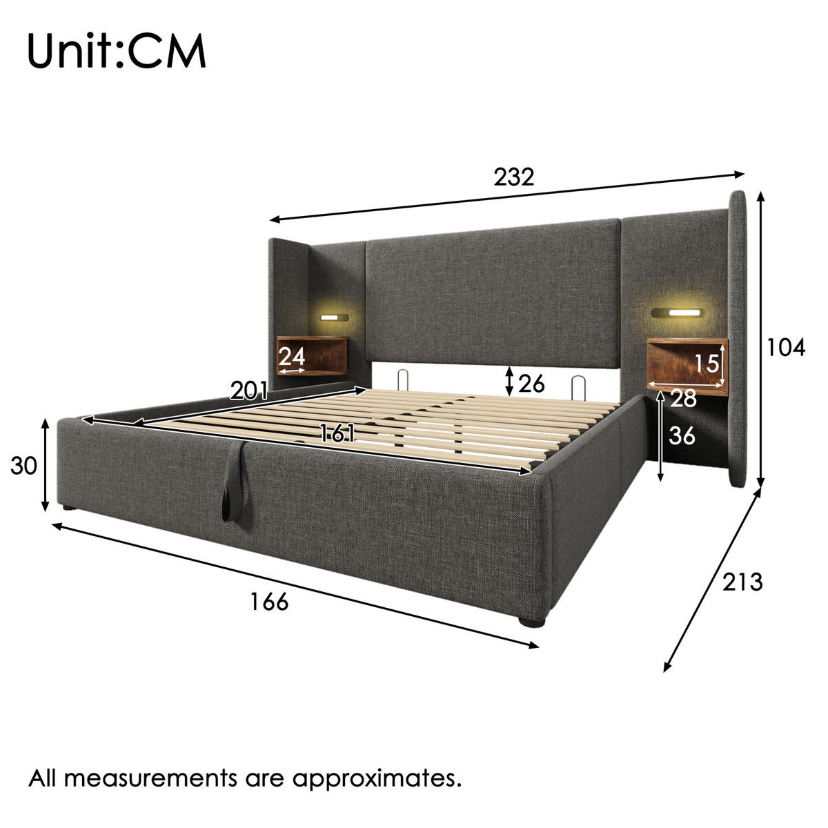 POLSTERBETT aus Leinen 160x200 cm Grau mit Bettkasten, Leselampe, USB- und Type-C-Anschlüssen - Grau, Textil (160/200cm) - IVMEU