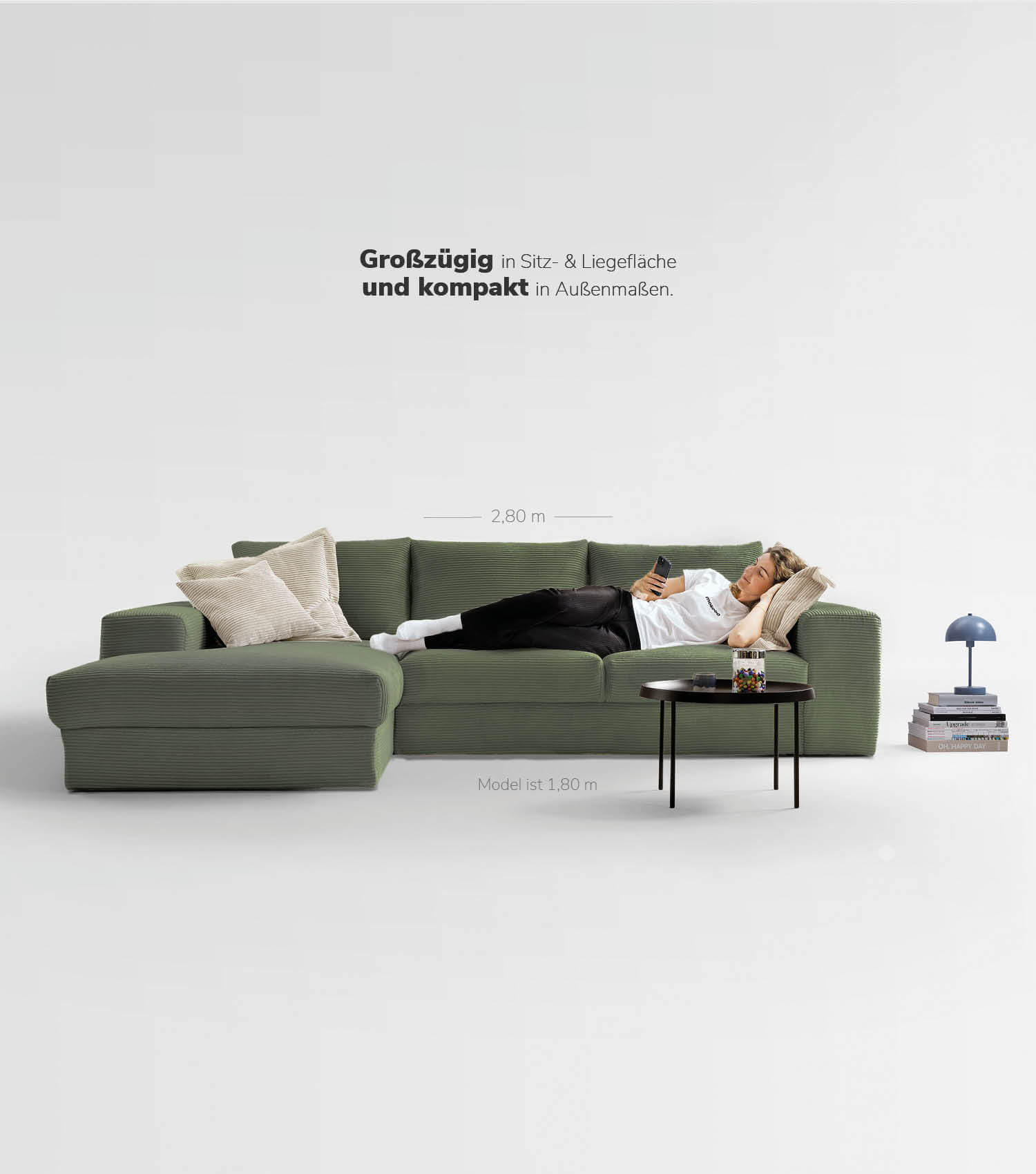 ECKSOFA Der Klassiker Recamiere links - Mintgrün, Textil (280/190cm) - Mokebo