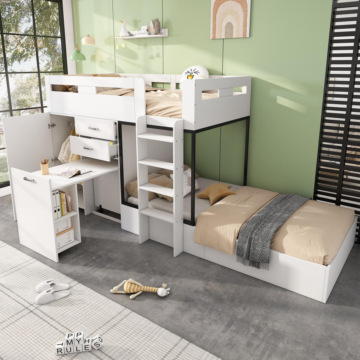 ETAGENBETT aus MDF 90x200 cm Weiß/Schwarz mit ausziehbarem Schreibtisch, Kleiderschrank und Stauraum - Weiß, Holzwerkstoff (90/200cm) - IVMEU
