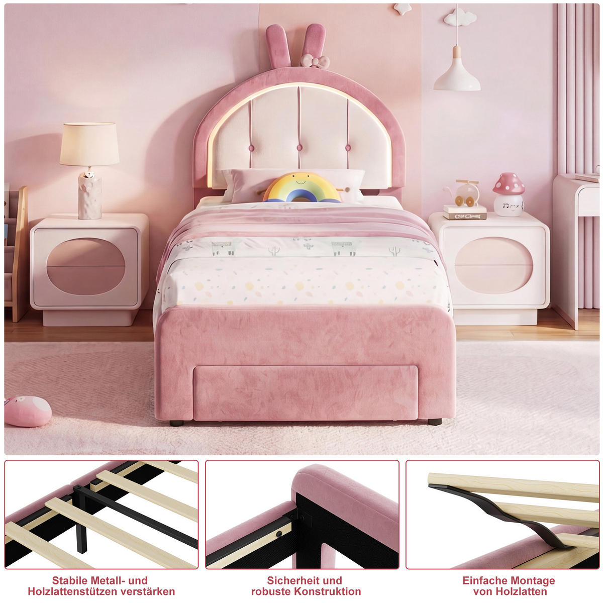 KINDERBETT 90 x 200 cm mit LED Hasenohren Kopfteil,Polsterbett mit Lattenrost, Samtstoff, Mit Schubladen,für Kinder, Mädchen - Pink, Holz/Holzwerkstoff (90/200cm) - BursDany