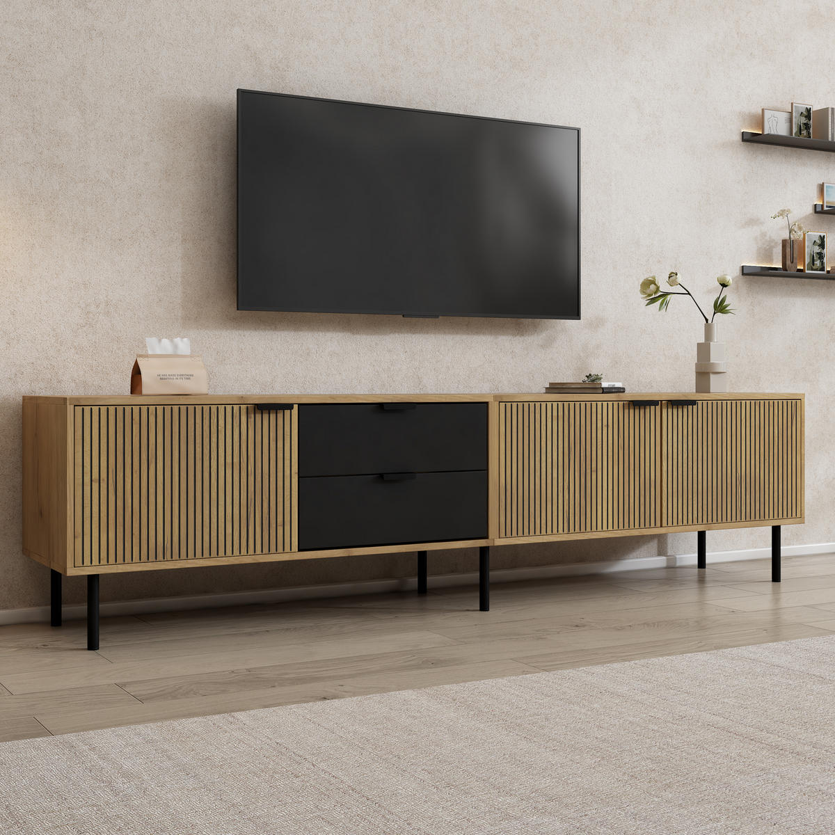 LOWBOARD in Holzoptik TV-Schrank mit Kabelmanagement , für 85-Zoll-Fernseher , B208/T40/H48 cm - Schwarz/Naturfarben, Holzwerkstoff/Metall (208/48/40cm) - STILVORA