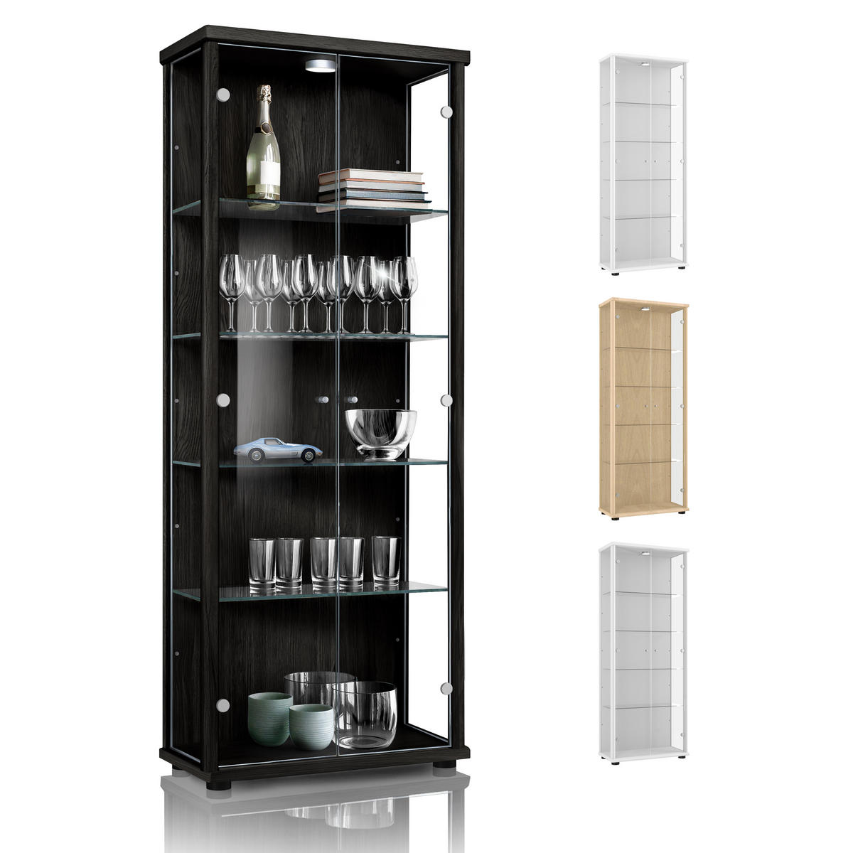 GLASVITRINE 33/67/176 cm mit LED & 4 höhenverstellbaren Glasböden - Transparent/Silberfarben, Glas/Holzwerkstoff (67/176/33cm) - K-Möbel