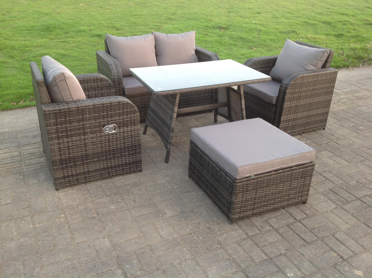 LOUNGESOFA SET mit Hocker Esstisch Polyrattan 5-Sitzer - Dunkelgrau/Grau, Glas/Kunststoff - Fimous