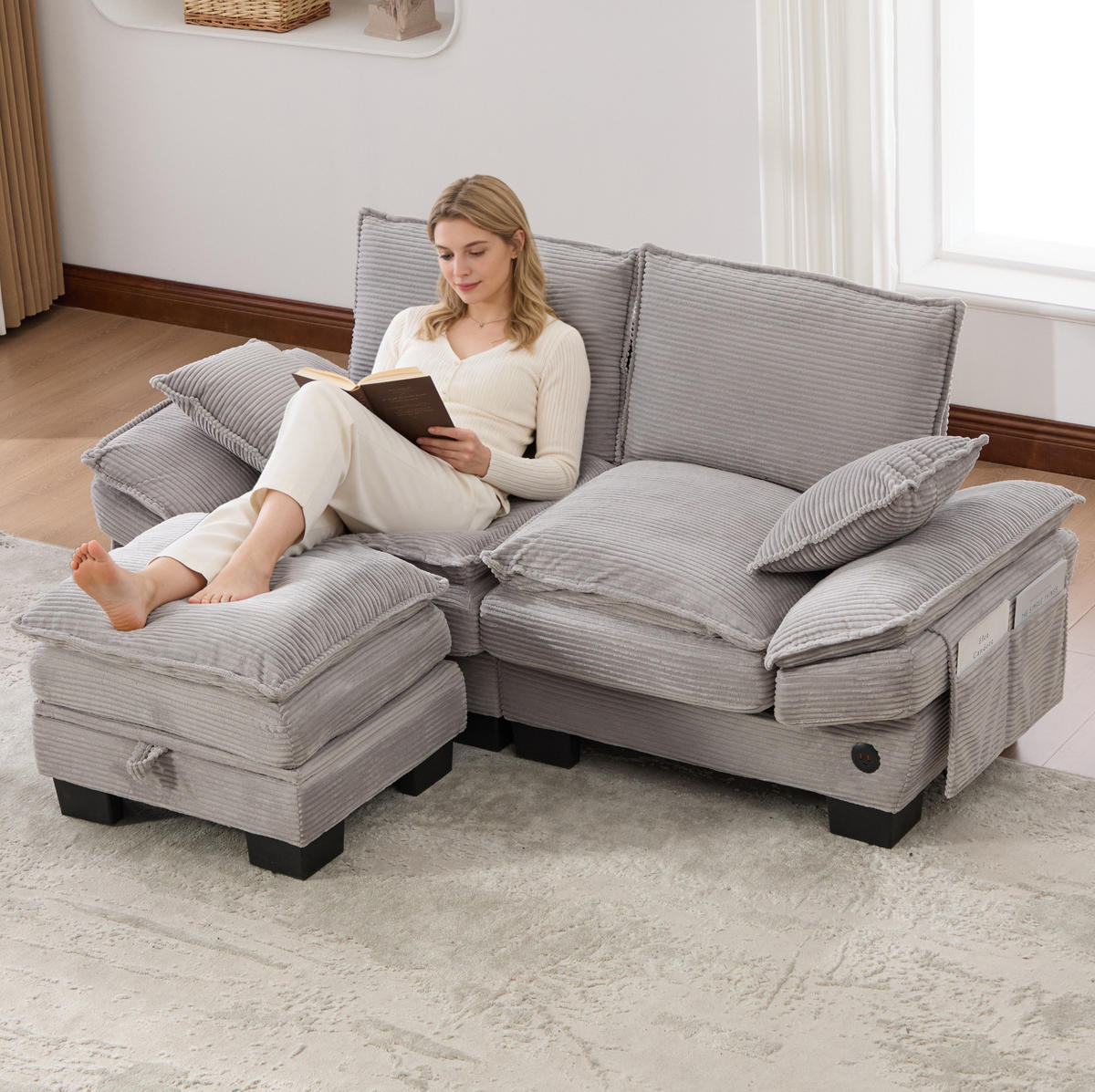 SOFA 2-Sitzer mit Hocker 190 x 132 x 84 cm Corduroy Light Gray - Hellgrau, Kunststoff (132/190.1cm) - Meubliv
