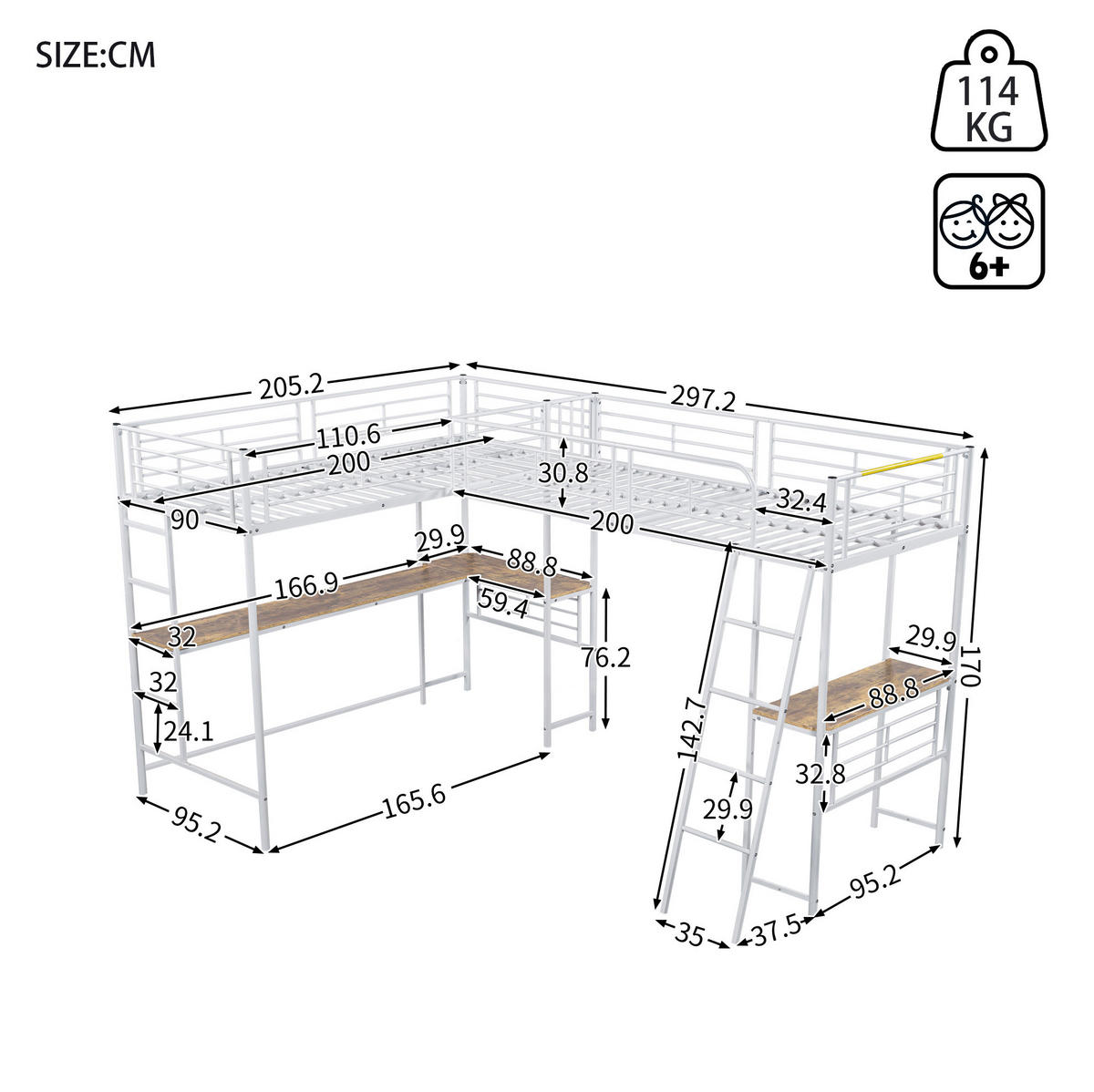 HOCHBETT 90/200 cm aus Metall und MDF mit Schreibtisch und Doppeltreppe Weiß - Weiß, Metall (90/200cm) - Modenvie