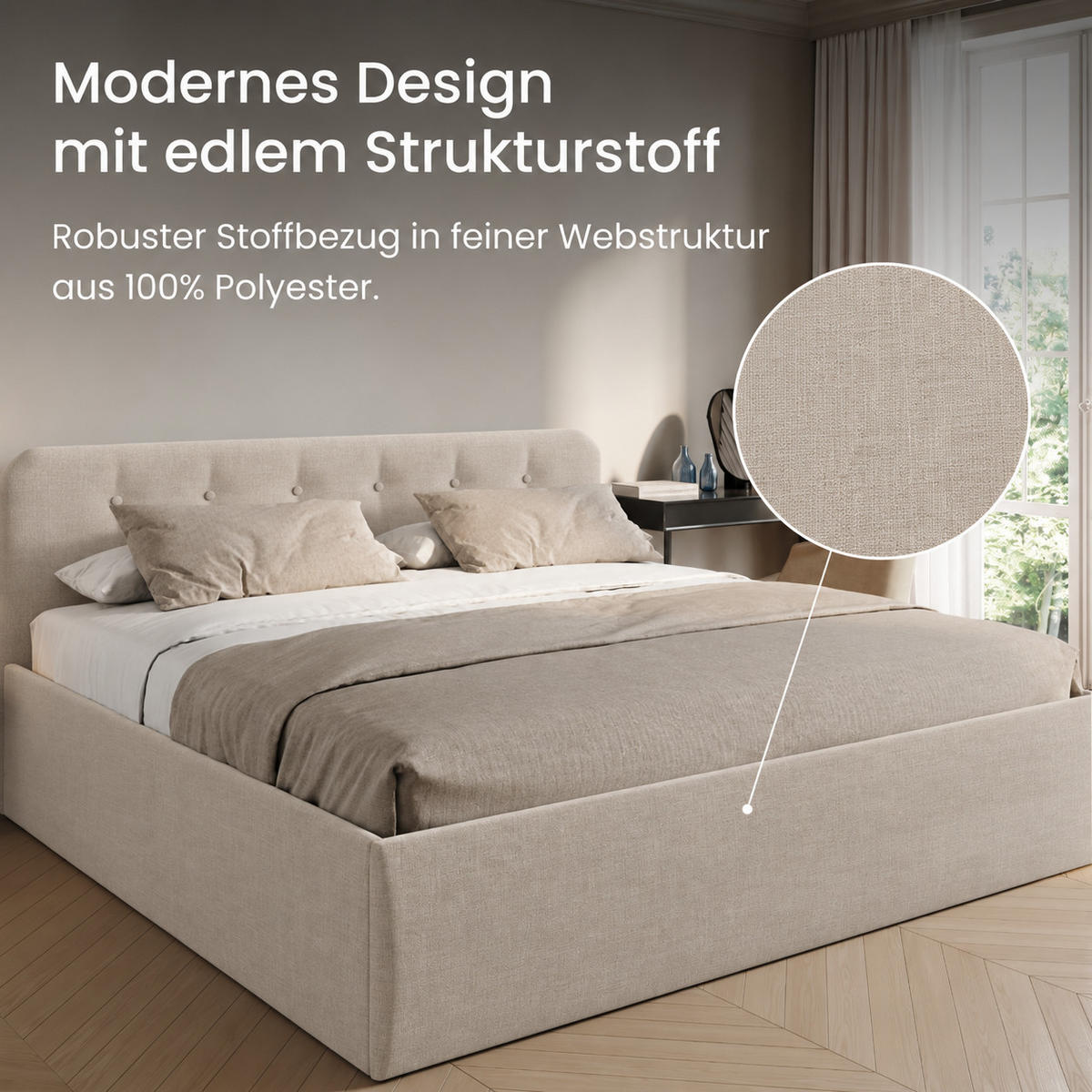 POLSTERBETT mit verstellbarem Lattenrost & Bettkasten, Kaltschaummatratze, 200 x 200 cm in Creme - Creme, Holzwerkstoff/Textil (200/200cm) - Home Collective
