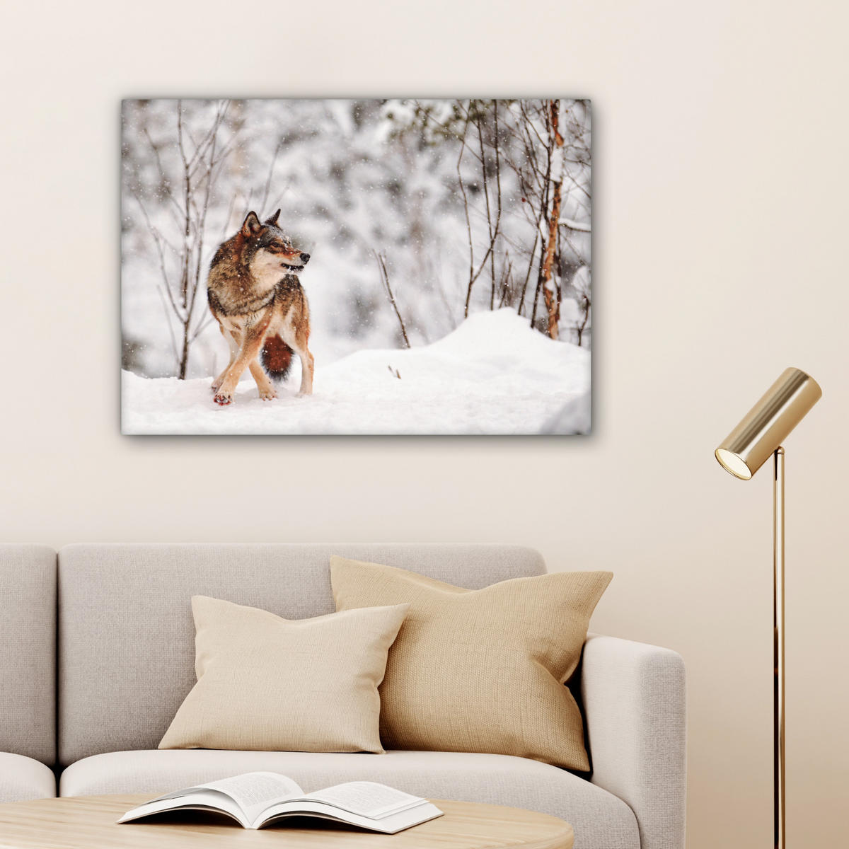 LEINWANDBILD Wolf - Winter - Schnee - Natur - Tiere Wandbilder 80x60 cm - Haselnussfarben, Textil (80/60cm) - MuchoWow