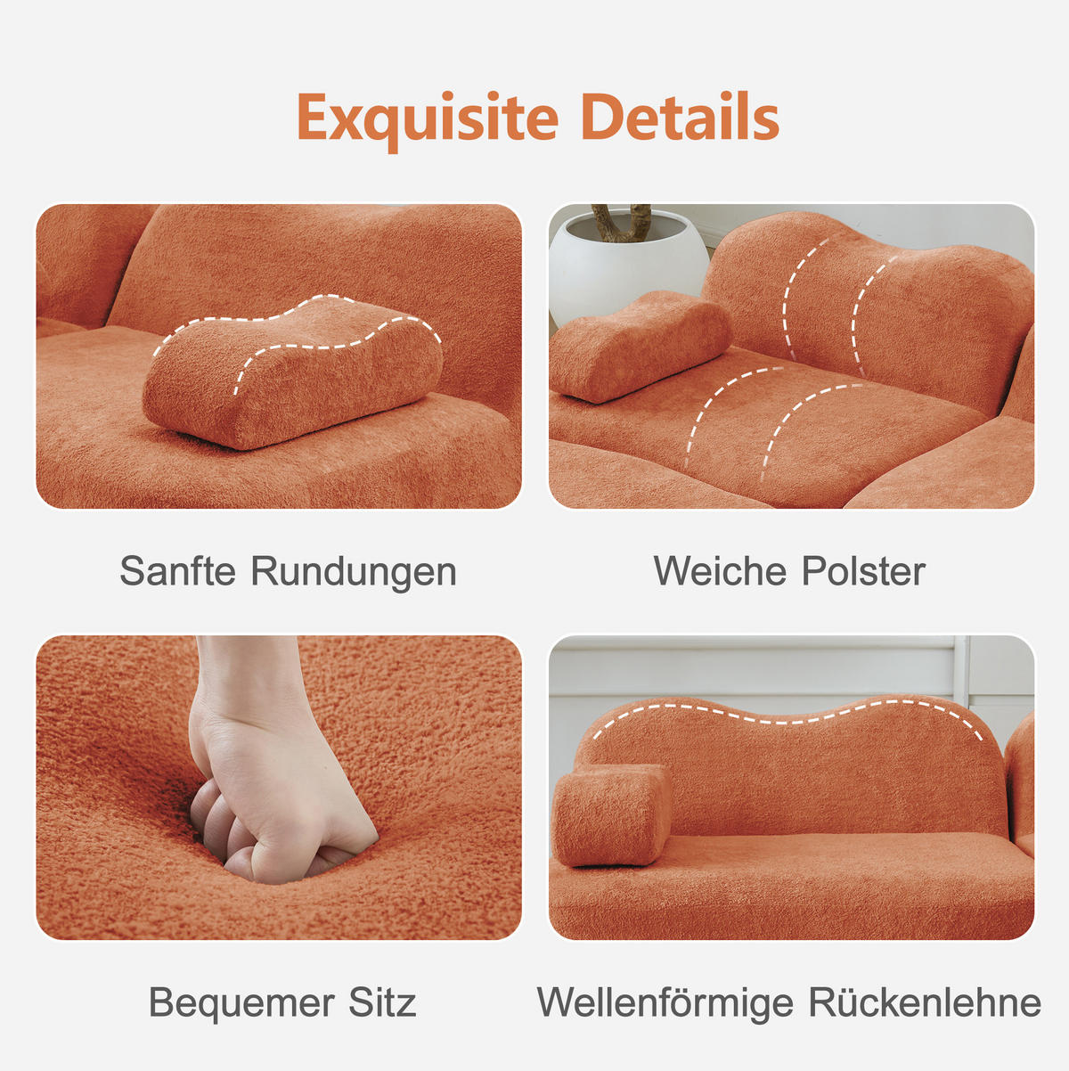 SOFA 288/98/70 cm in Orange aus Samt mit tiefer Sitzfläche - Orange, Textil (98/70/288cm) - Flora Grace