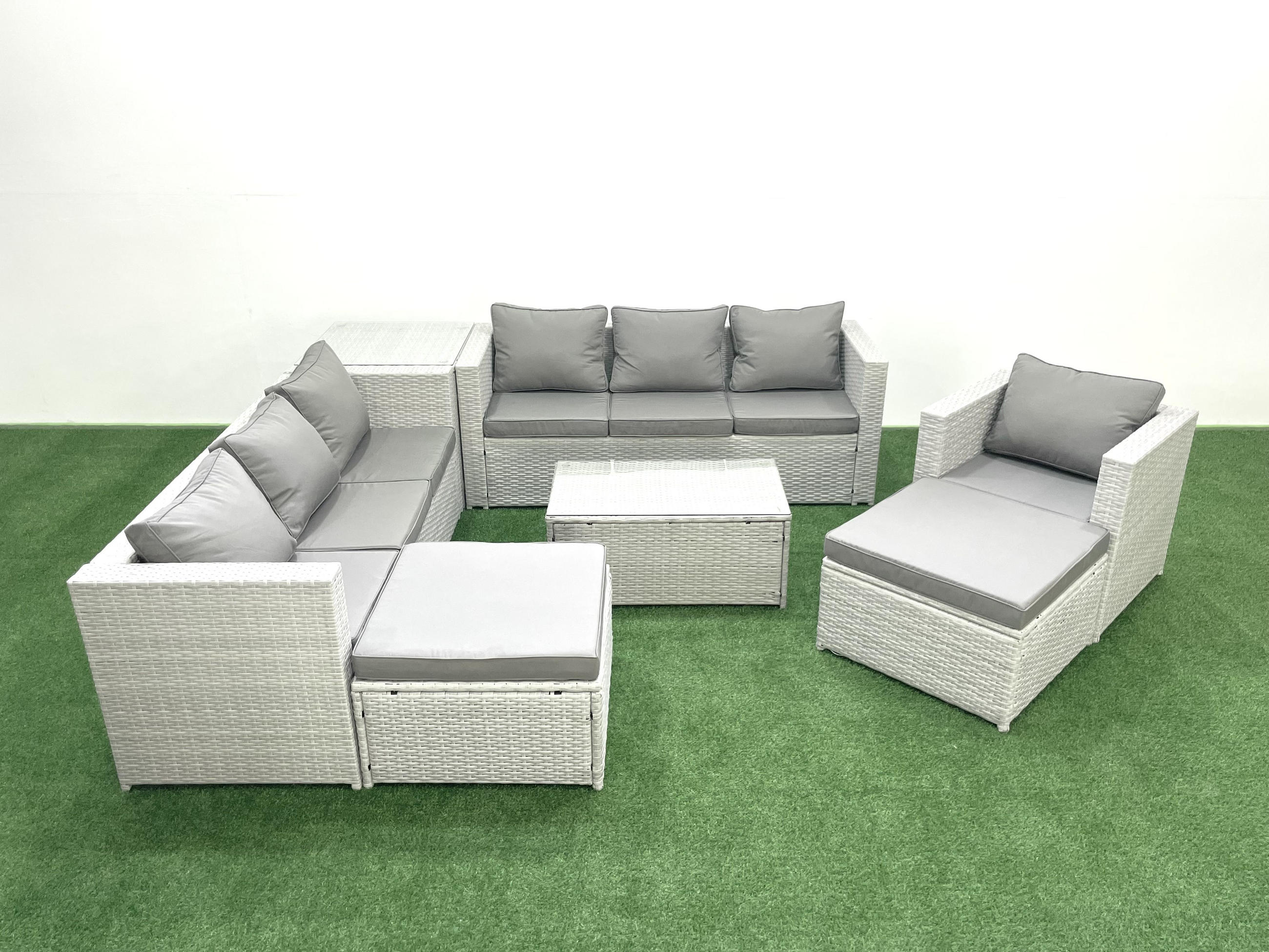 GARTENGARNITUR mit 3-SITZER SOFA,COUCHTISCH Polyrattan Hellgrau-Mix 9-Sitzer - Hellgrau/Grau, Glas/Kunststoff - Fimous