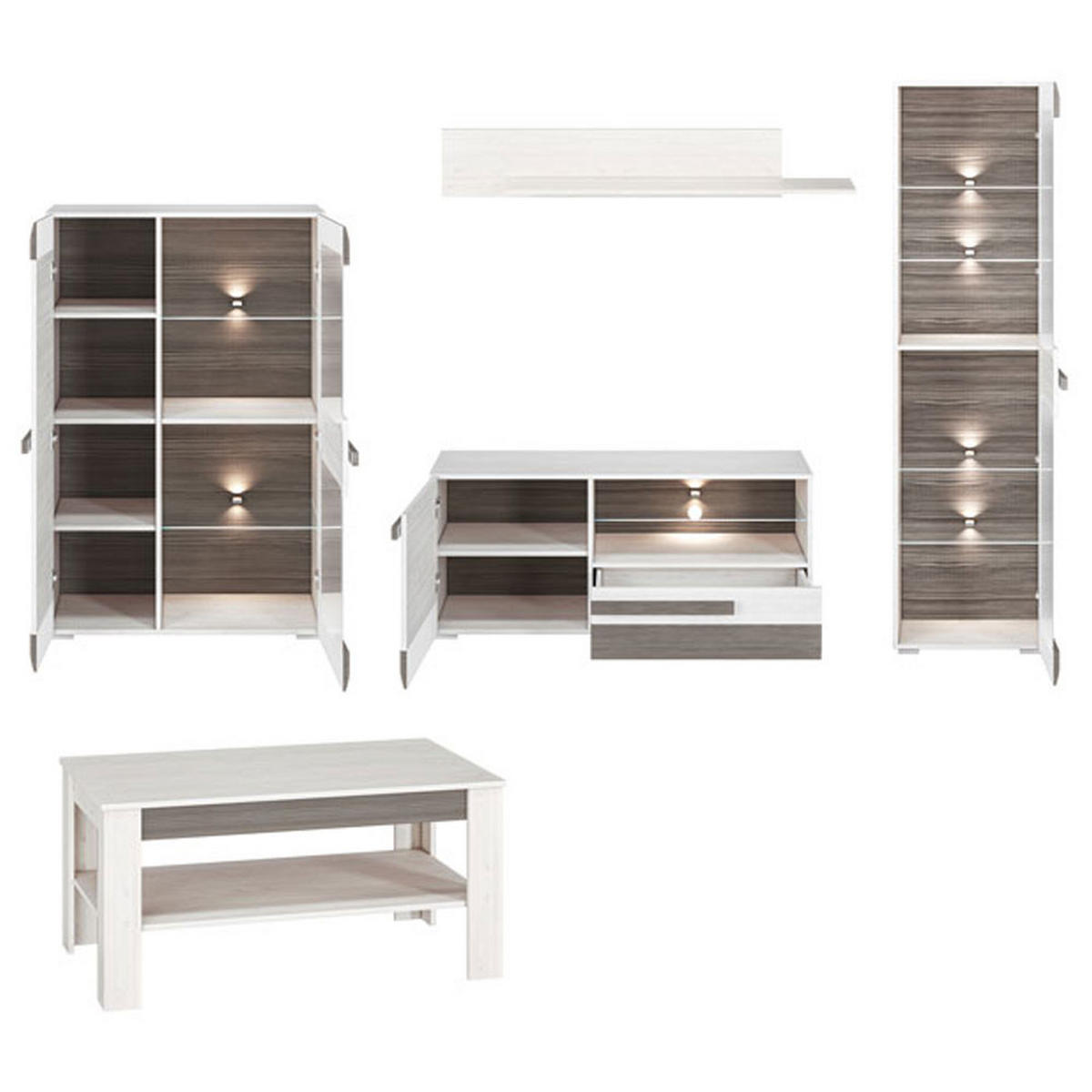 WOHNZIMMER SET 5-TEILIG Blanco Pinie weiß / grau 275 / 42 / 202cm - Weiß/Grau, Holz/Holzwerkstoff (275/202/42cm) - Feldmann-Wohnen