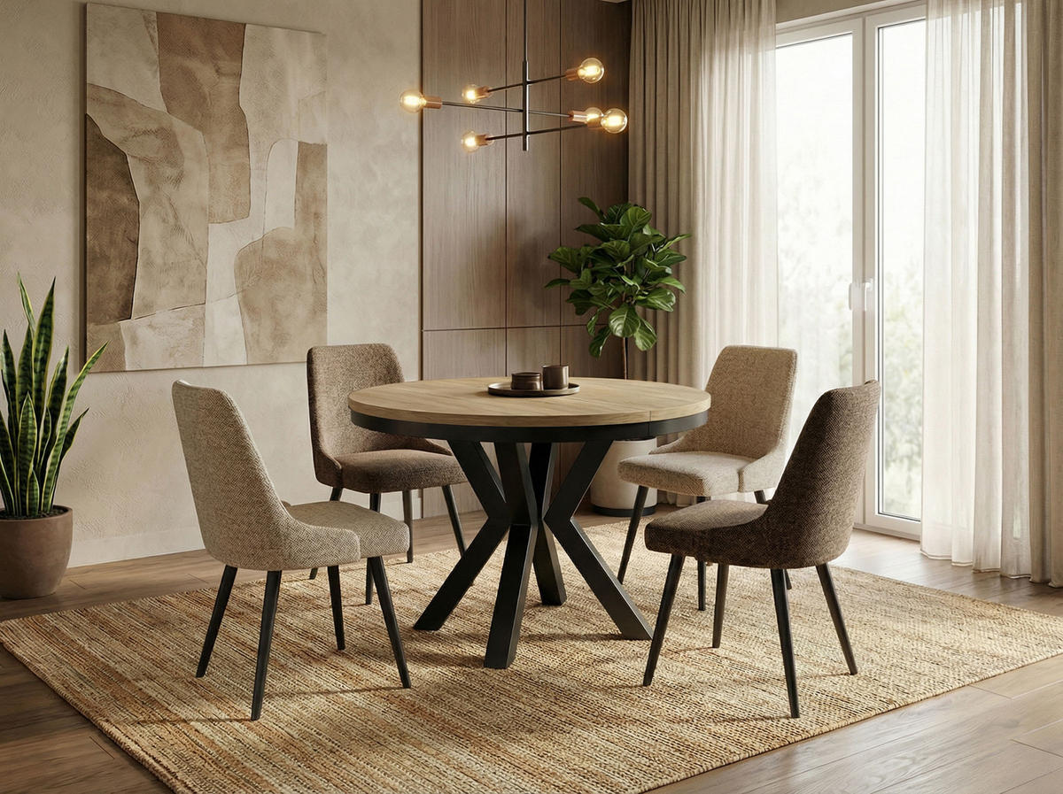 ESSTISCH Clara runder ausziehbarer, Sonoma Eiche 100-180/100/76 cm - Schwarz/Sonoma Eiche, Holzwerkstoff/Metall (100/100/76cm) - WFL GROUP